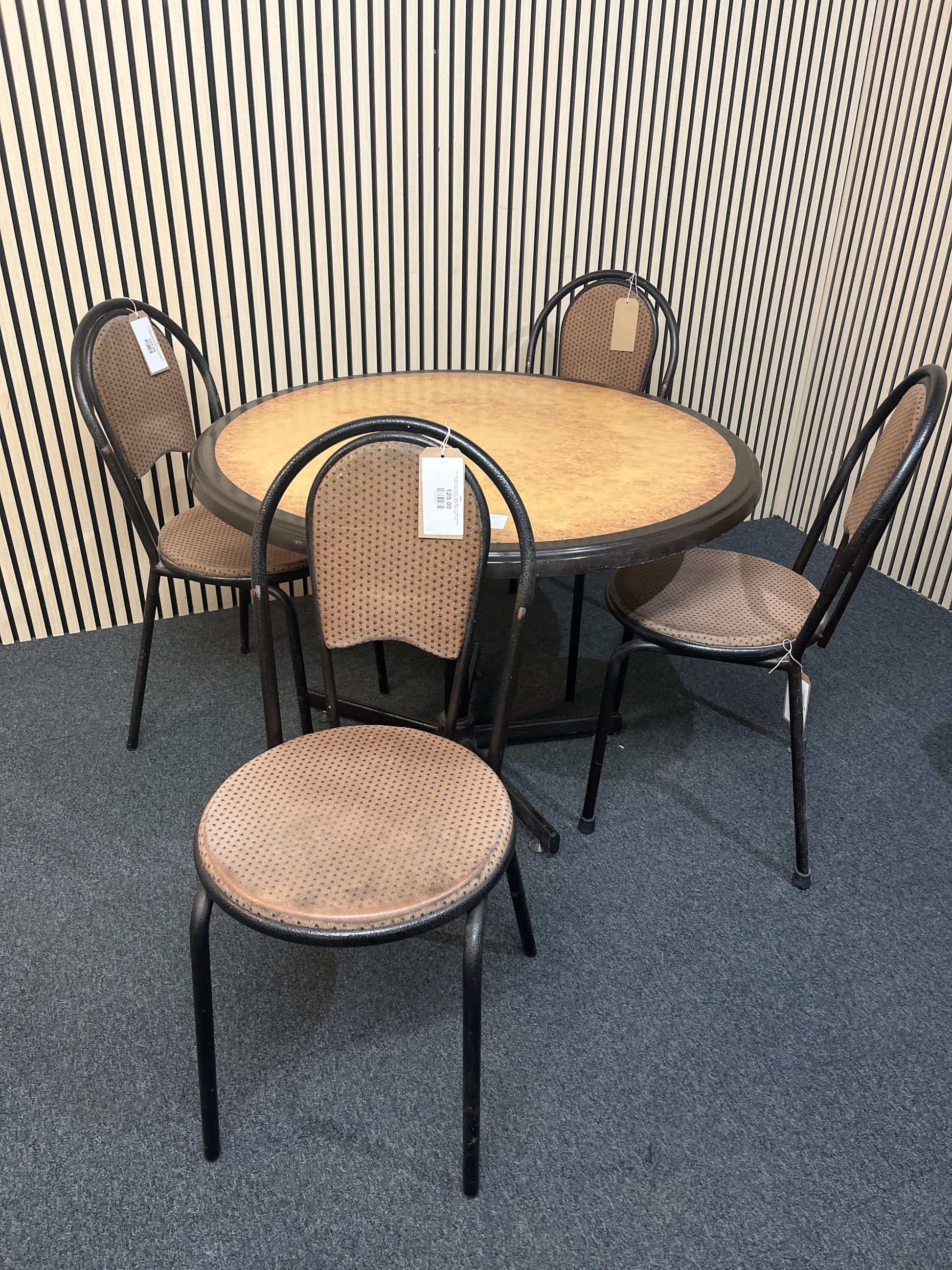 Circular black trim kitchen table with 4 no. black tubular metal framed, brown fabric seat chairs 1425