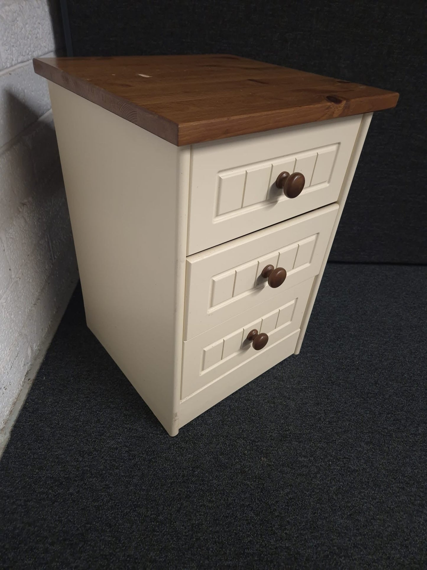 Cream and pine stained  3 drawer bedside locker  1225