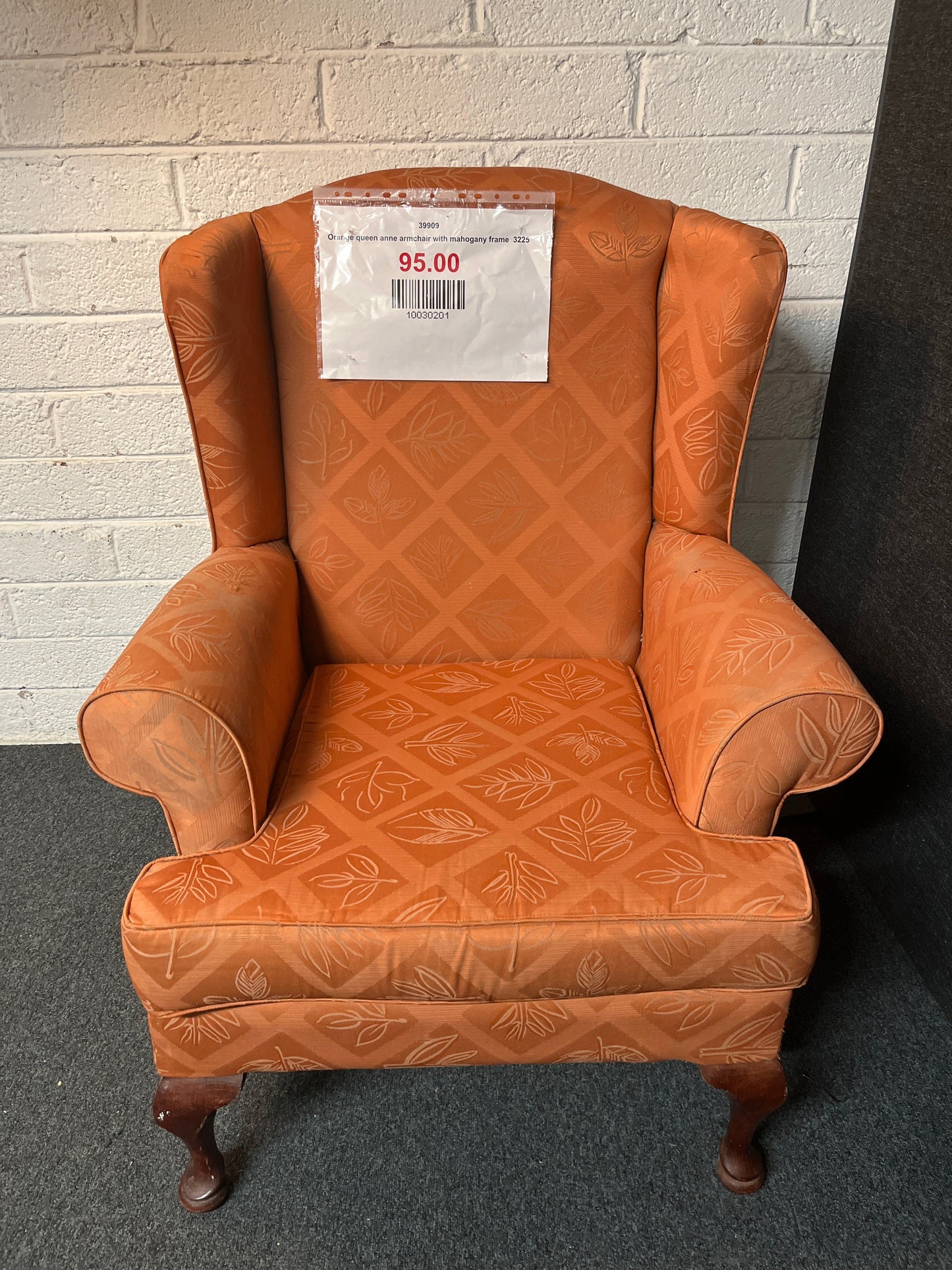 Orange queen anne armchair with mahogany frame  3225