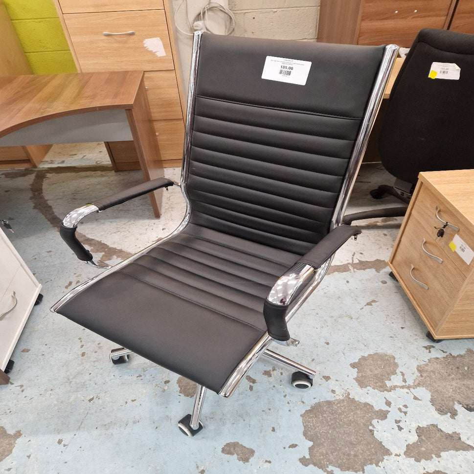 Bari high back executive chair with fixed chrome arms - black faux leather