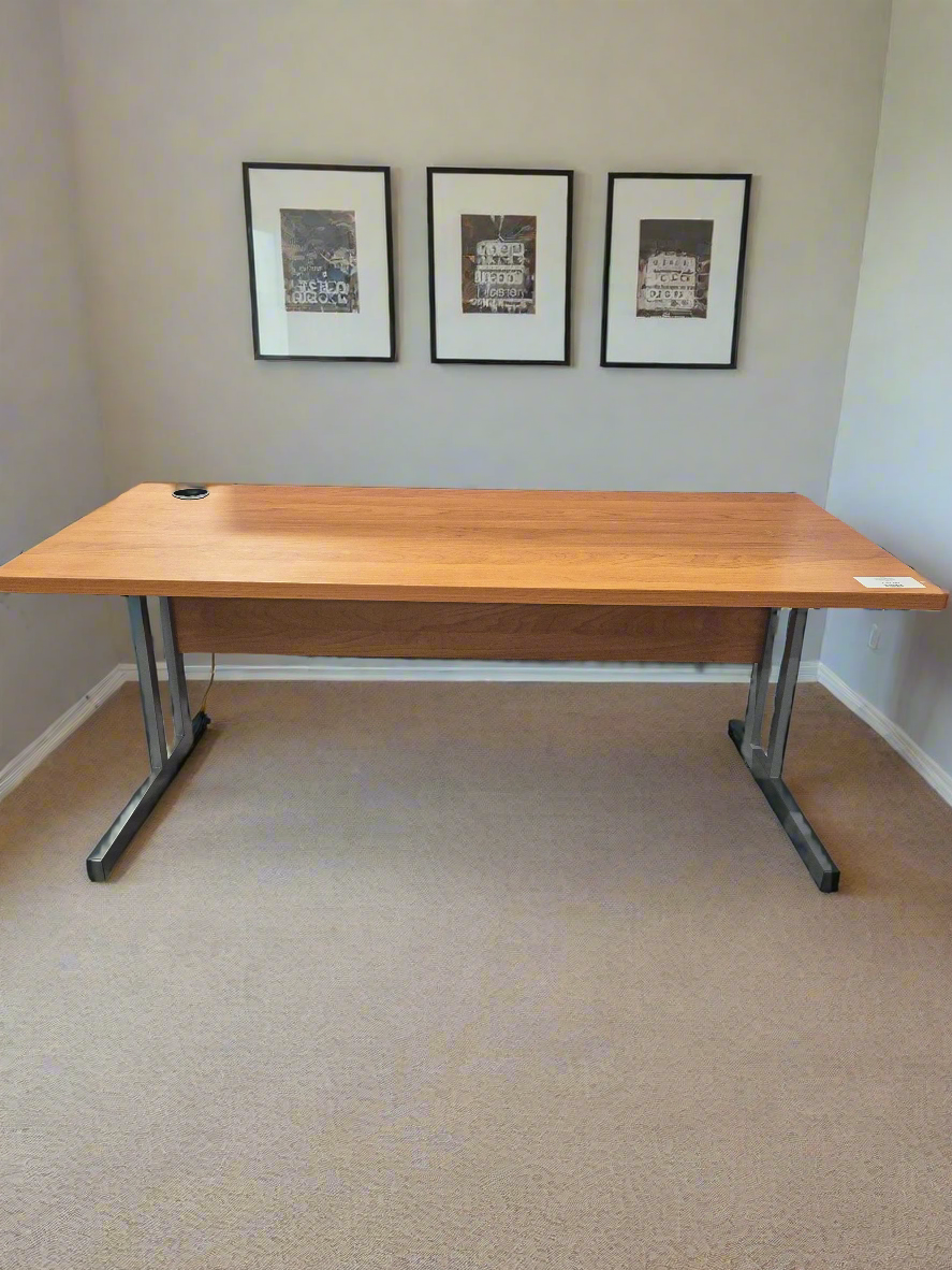 1600 x 700 straight cherry desk with silver framed legs Q2424