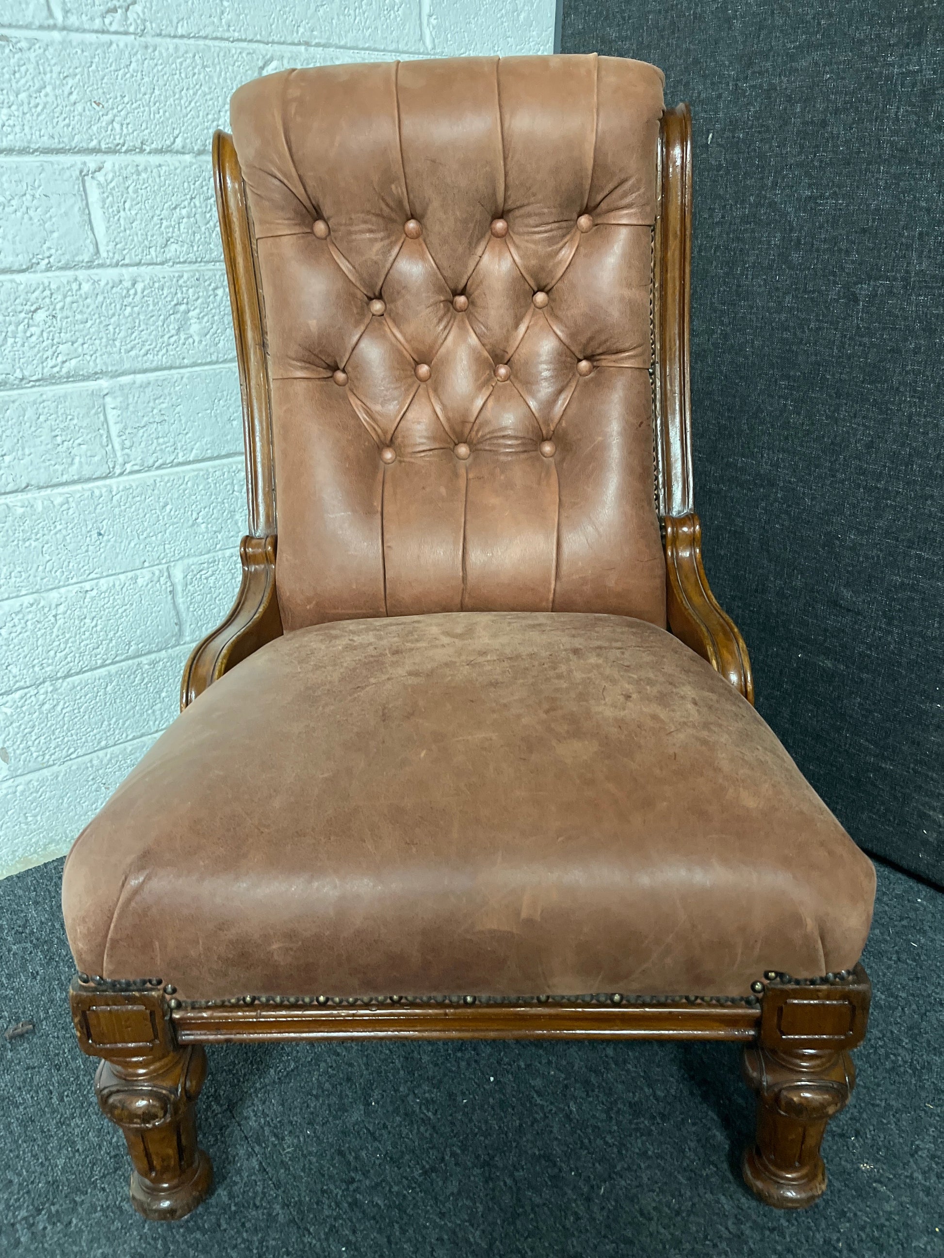 Ornate button back brown leather antique frame occasional chair  1225