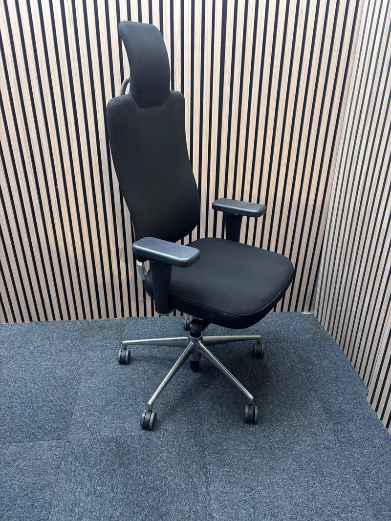 Vitra Headline high back Executive office swivel chair with integrated headrest and adjustable Lumbar support, polished chrome frame and heigh adjustable arms on a polished chrome 5 star base