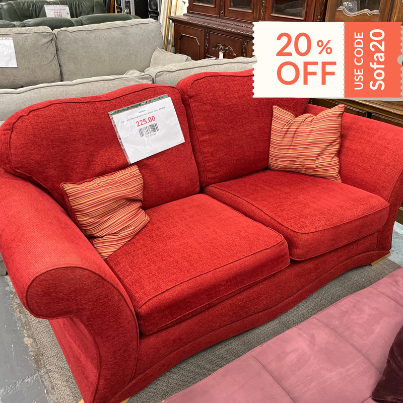 High back deep red fabric two seater sofa, height 88 cm, width 186 cm, depth 92 cm