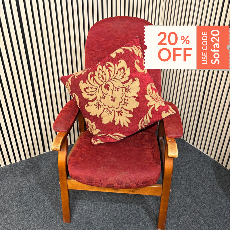 High back solid dark wood framed fireside armchair in dark wine mix fabric  3126