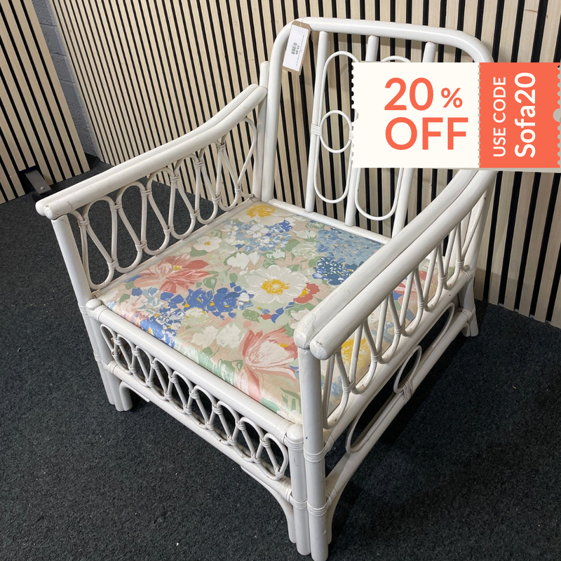 White painted cane framed armchairs with fabric seat 1126