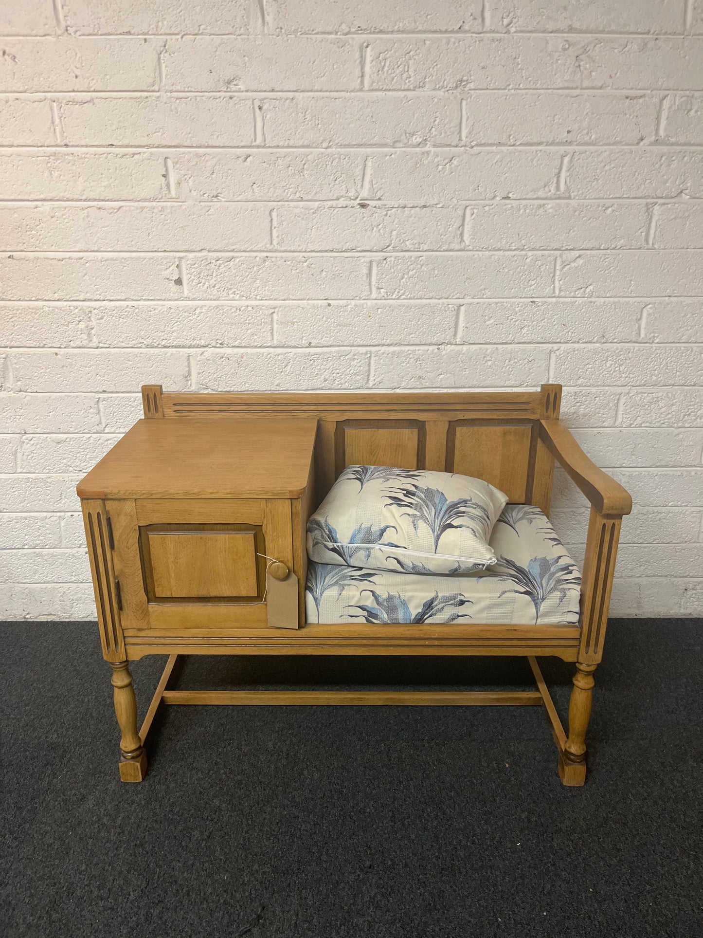 Oak telephone table with blue and cream floral fabric seat and storage drawer 1325