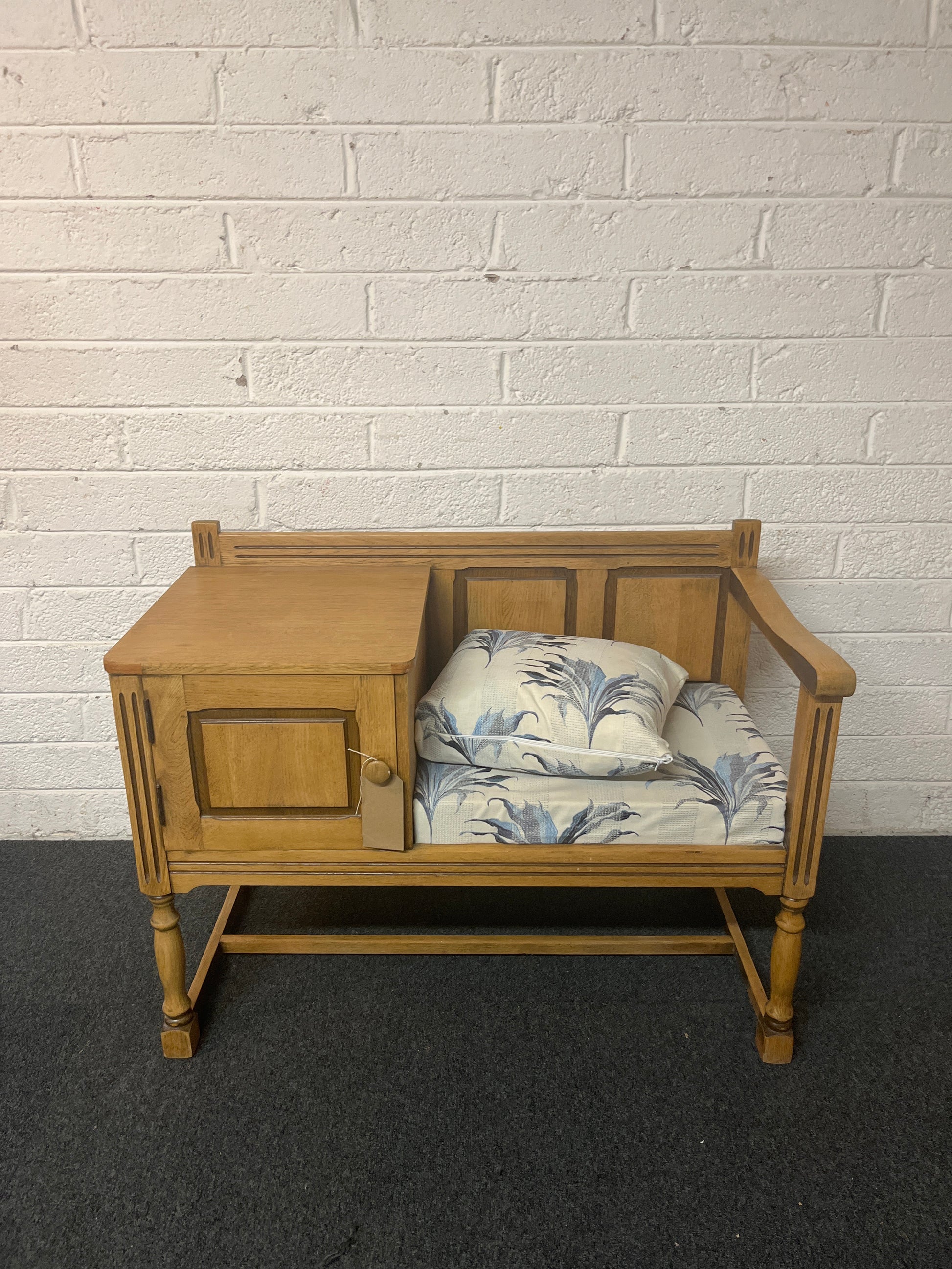 Oak telephone table with blue and cream floral fabric seat and storage drawer 1325