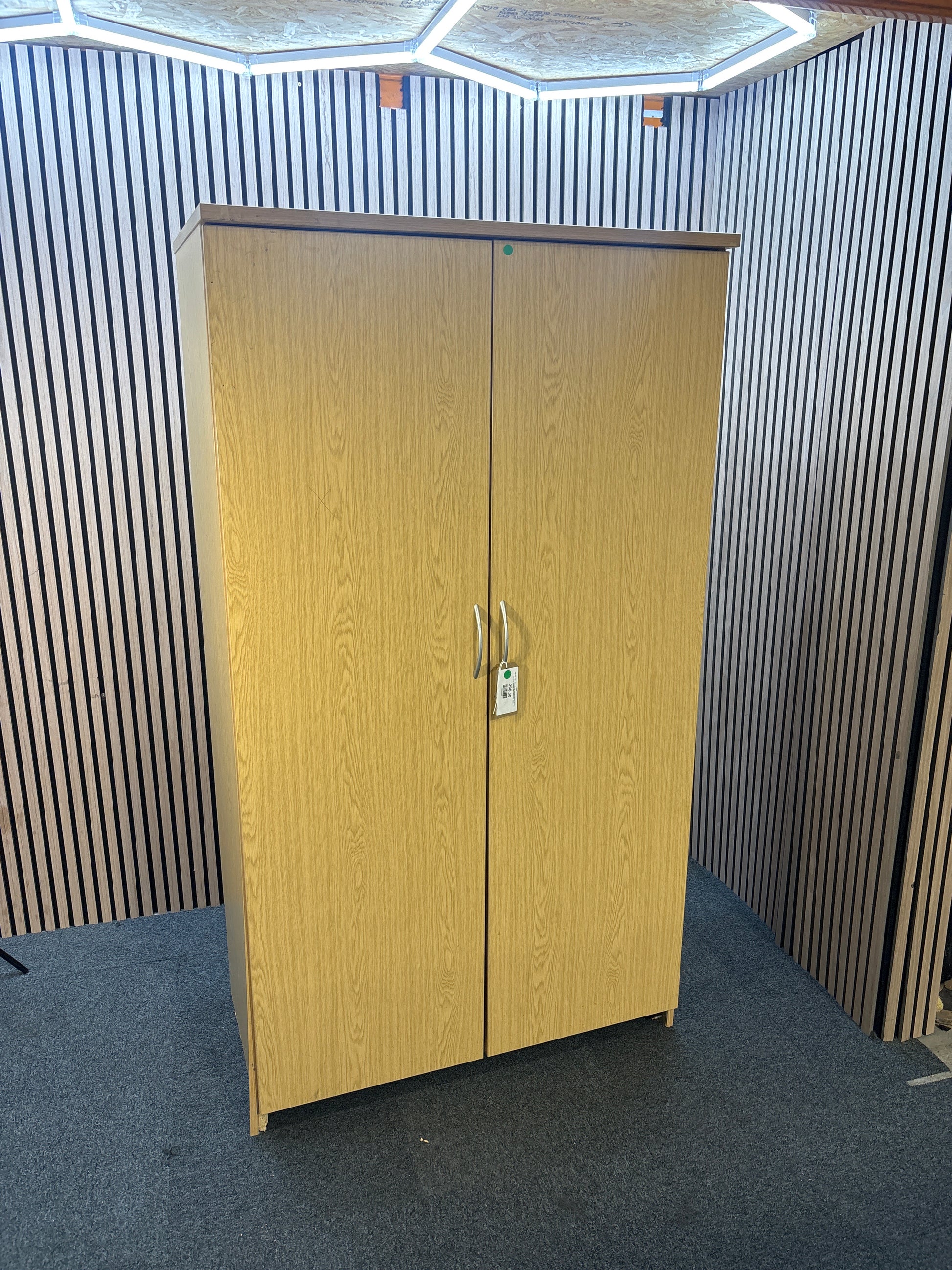 Tall dark oak 2 door storage unit with internal shelves and silver handles 189Hx106Wx60D  J3933