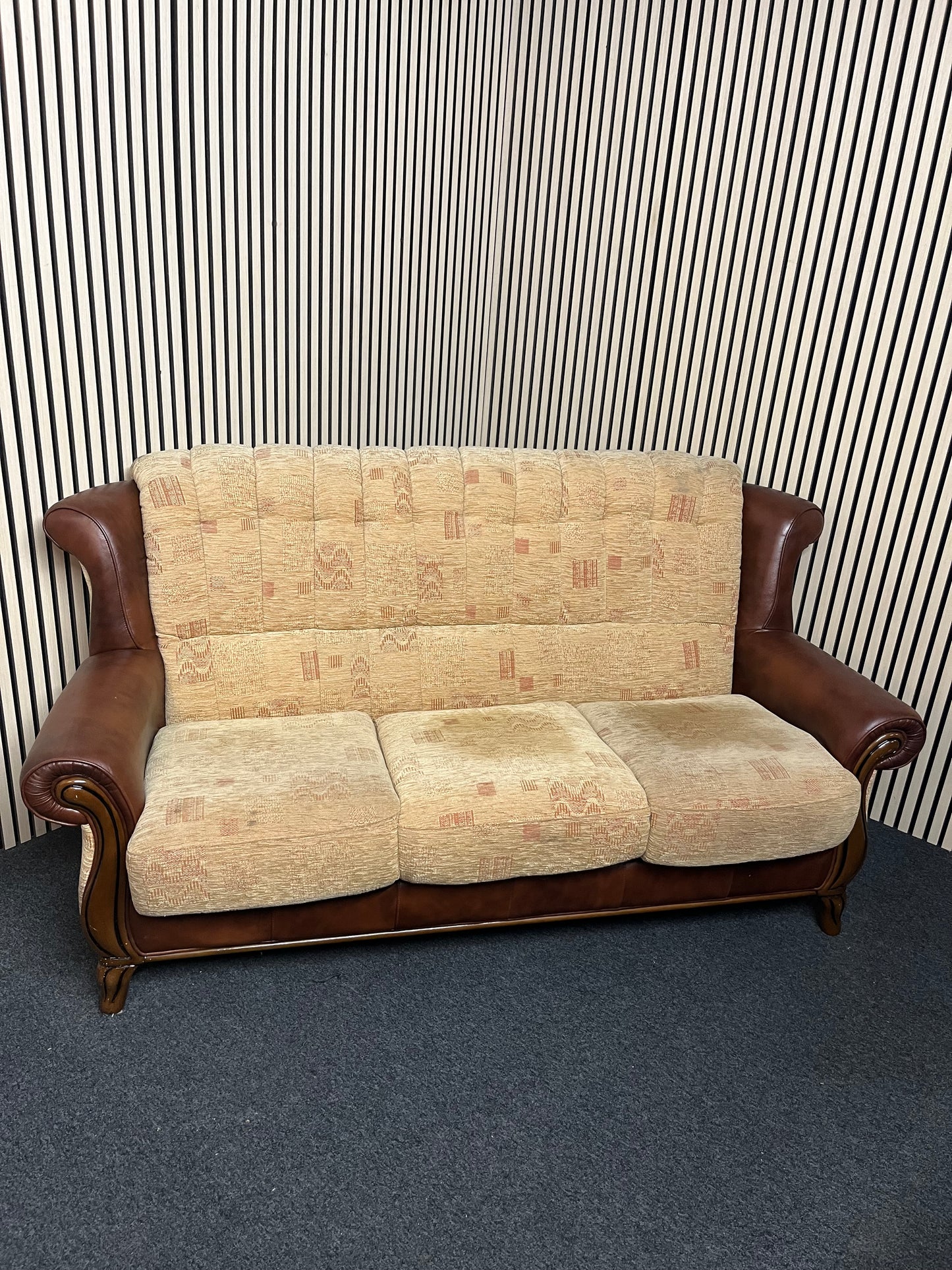 3+1+1 solid wood frame, high back brown leather suite with brown mix fabric cushions and backs