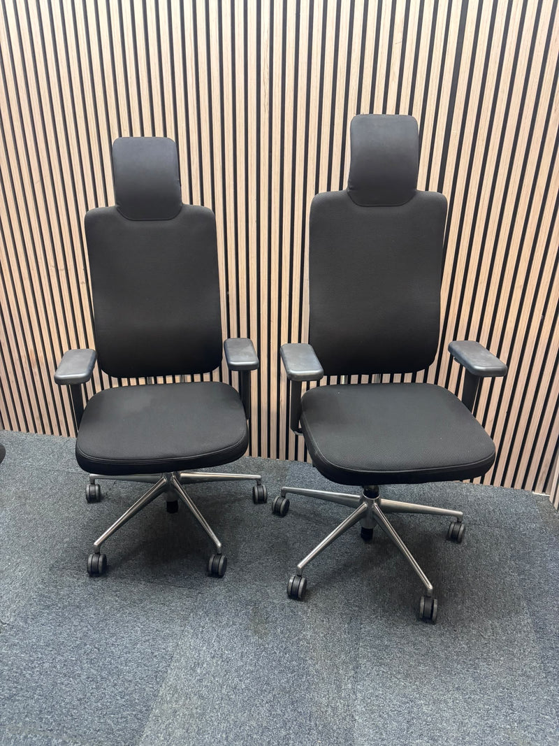 Vitra Headline high back Executive office swivel chair with integrated headrest and adjustable Lumbar support, polished chrome frame and heigh adjustable arms on a polished chrome 5 star base