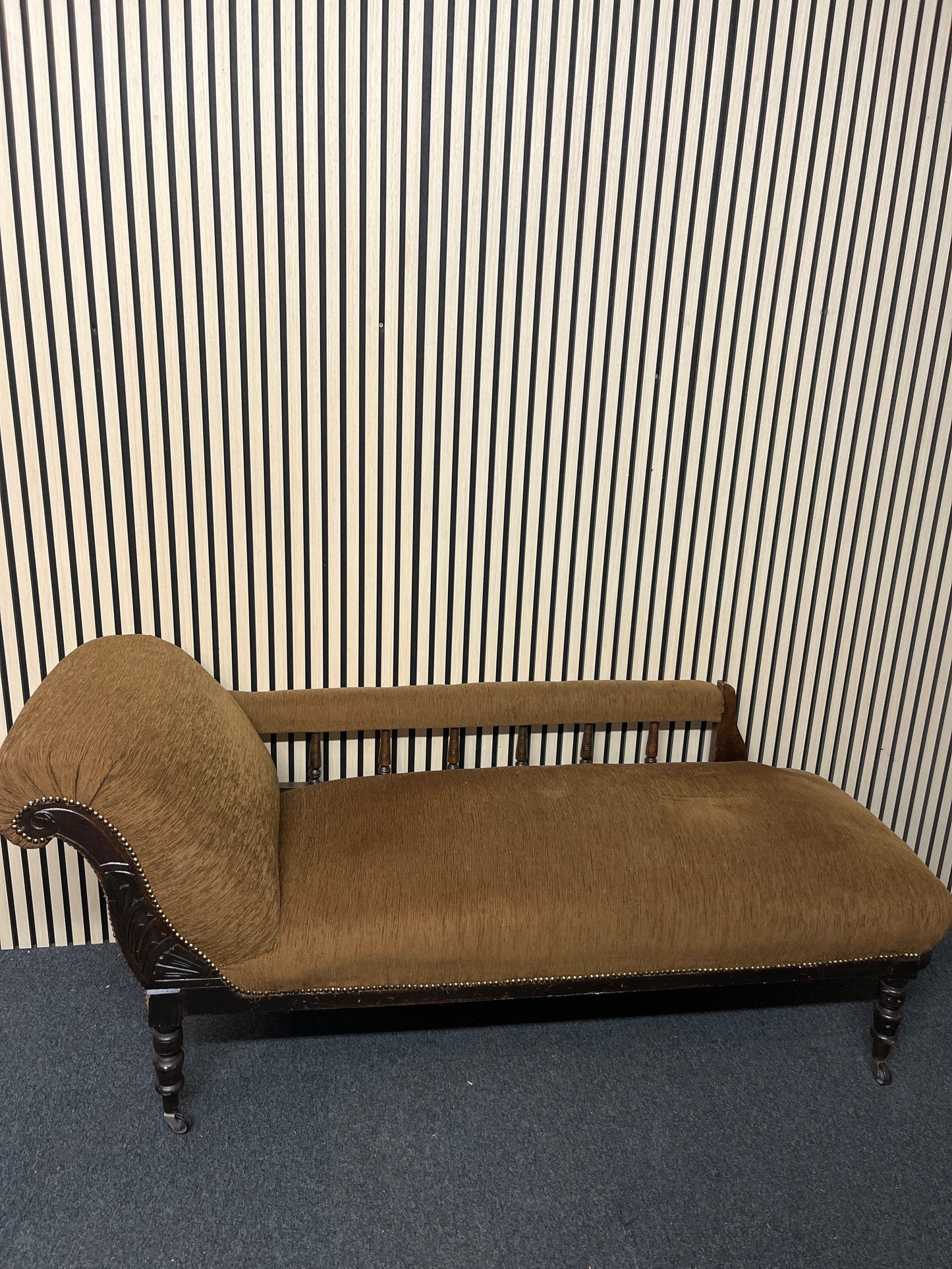 Brown fabric antique chaise lounge, solid wood frame 2325