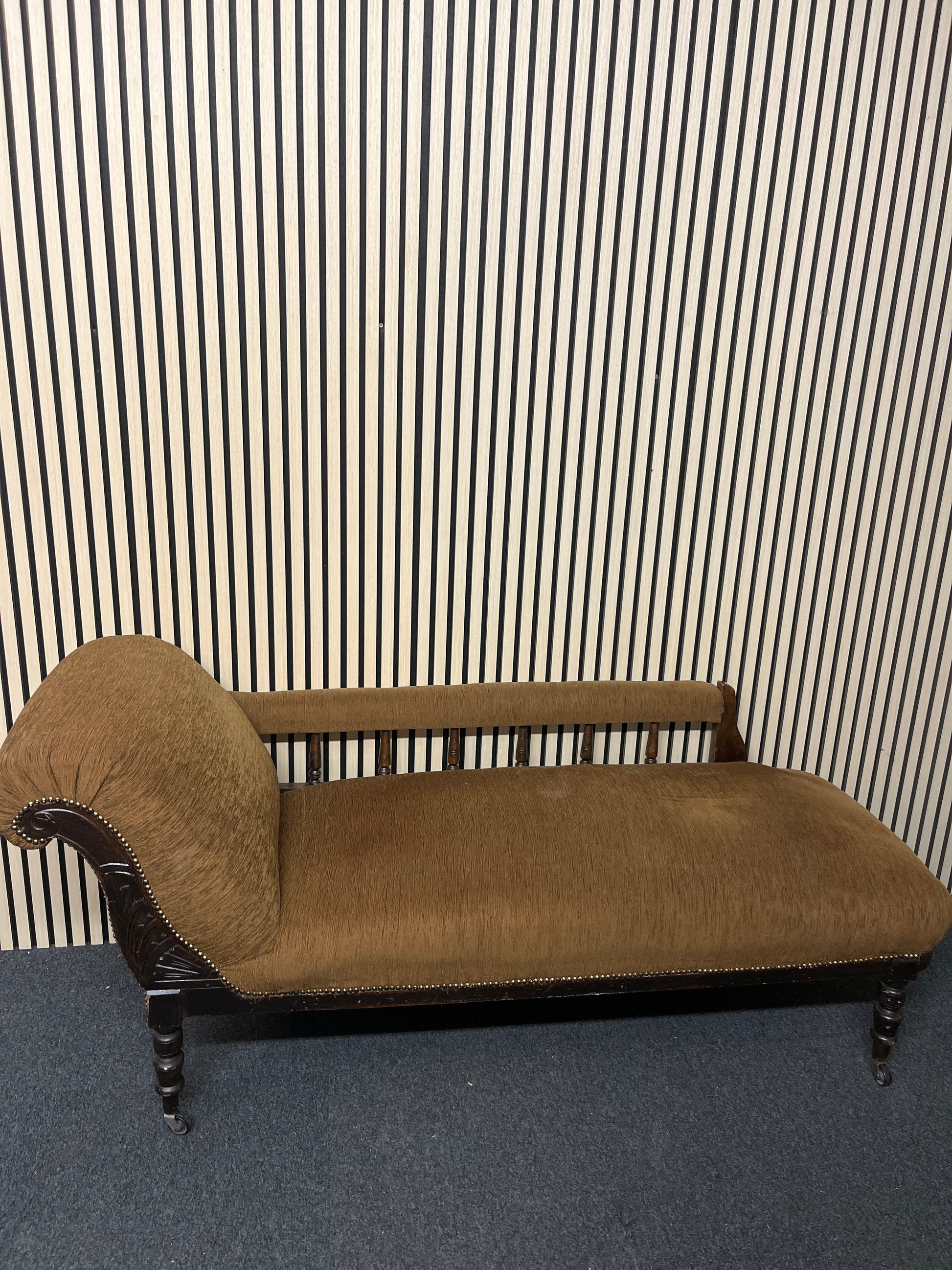 Brown fabric antique chaise lounge, solid wood frame 2325