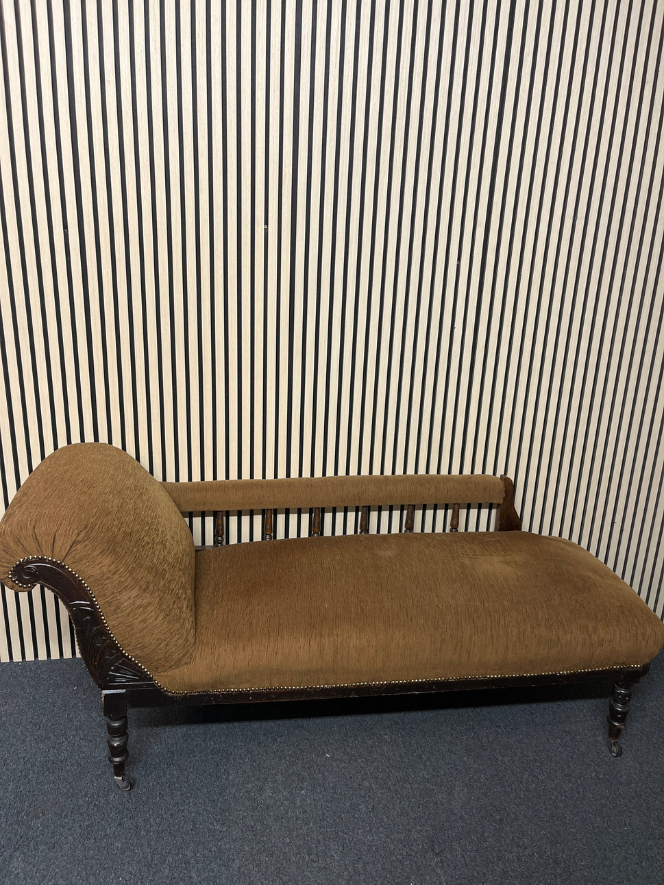 Brown fabric antique chaise lounge, solid wood frame 2325