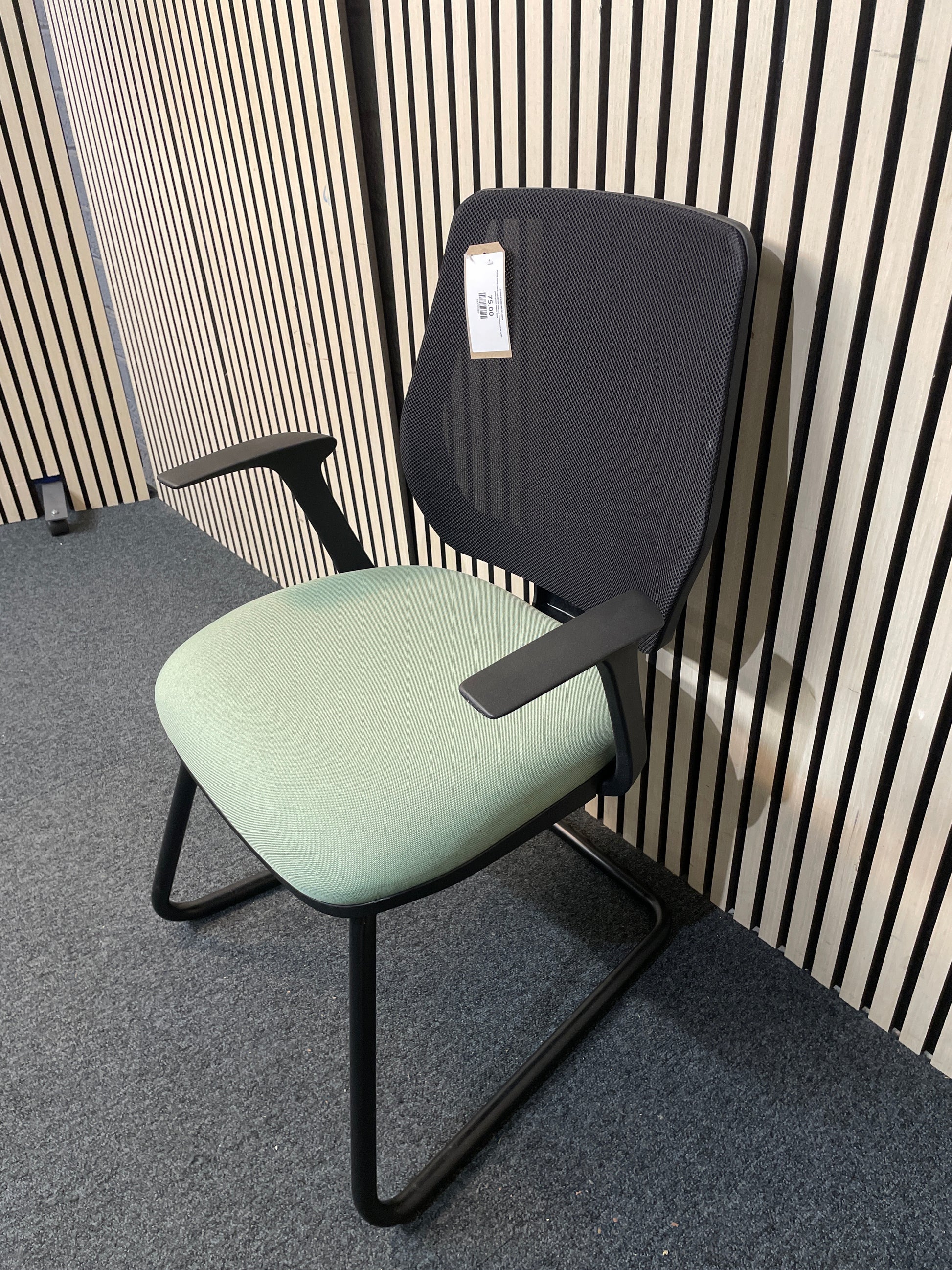Pawd mesh back cantilever framed meeting chair with jade green fabric seat