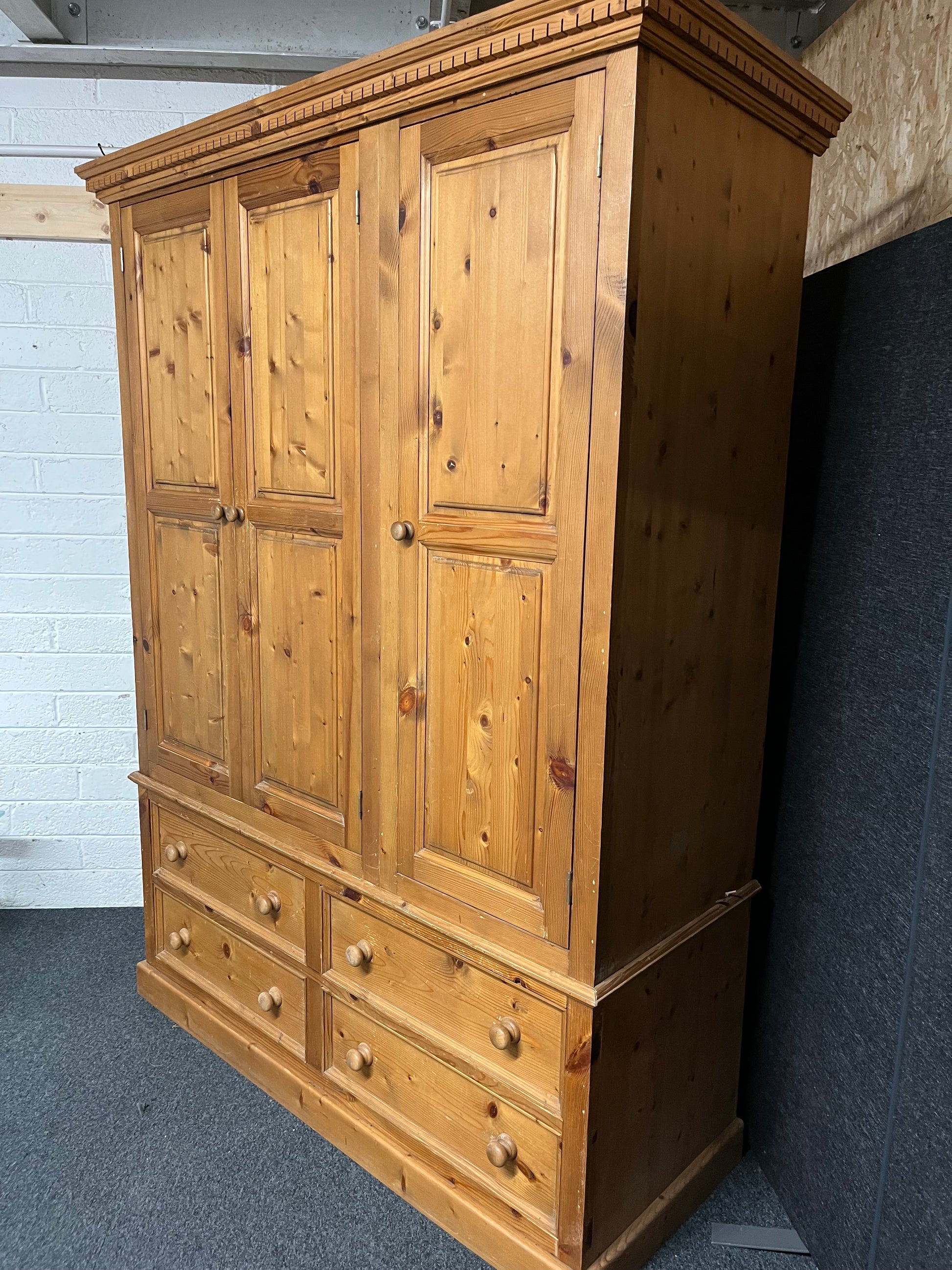 Solid tall pitch pine 3 door 4 drawer wardrobe with ornate pelmet (1480Wx2050Hx630D mm) 1225