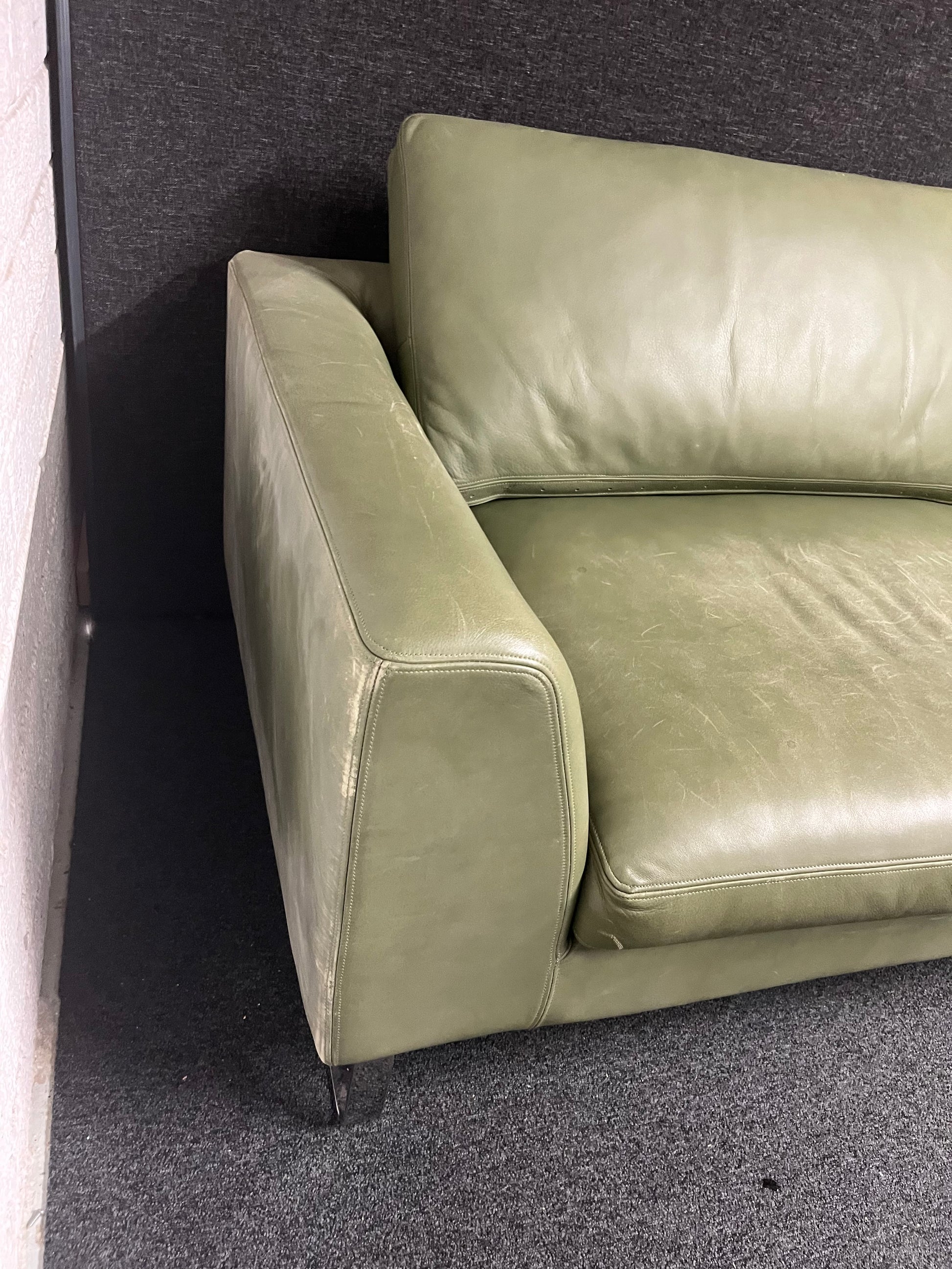 Large Olive Green REAL leather 4 seater sofa (W 2400 x D 950 x Seat H 450 mm) 1225