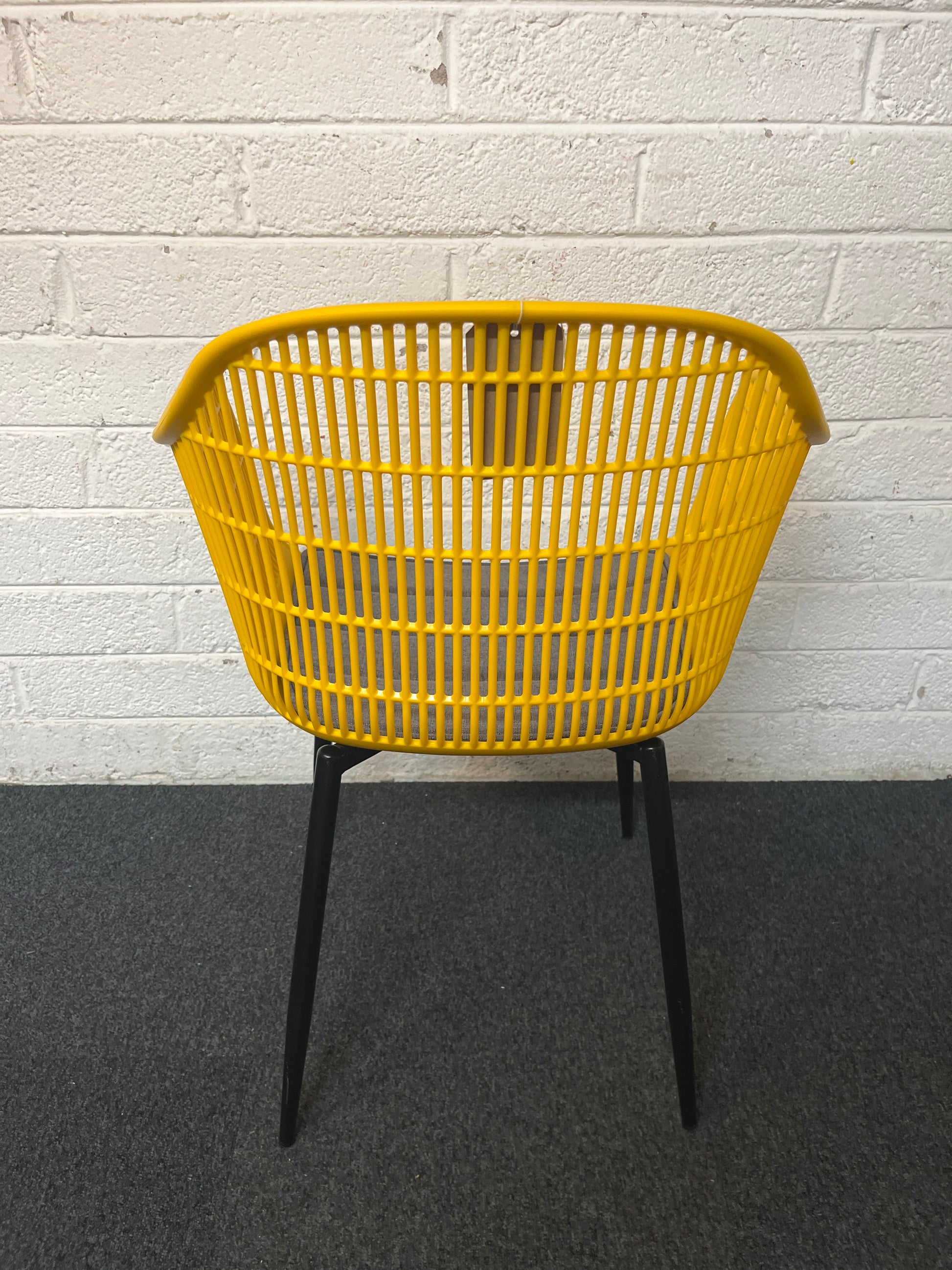 NEW Metro INDOOR OR OUTDOOR dining chair, SUNSHINE YELLOW moulded plastic with tailored fabric seat. OTHER COLOURS AVAILABLE. LARGE QTYS AVAILABLE