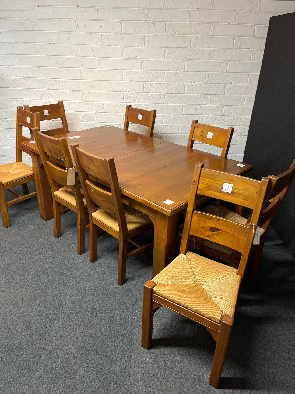 Pine extendable kitchen table (L 168 - 218 x W 100 cm) with 6 no. matching chairs with rattan seat cushion 2225