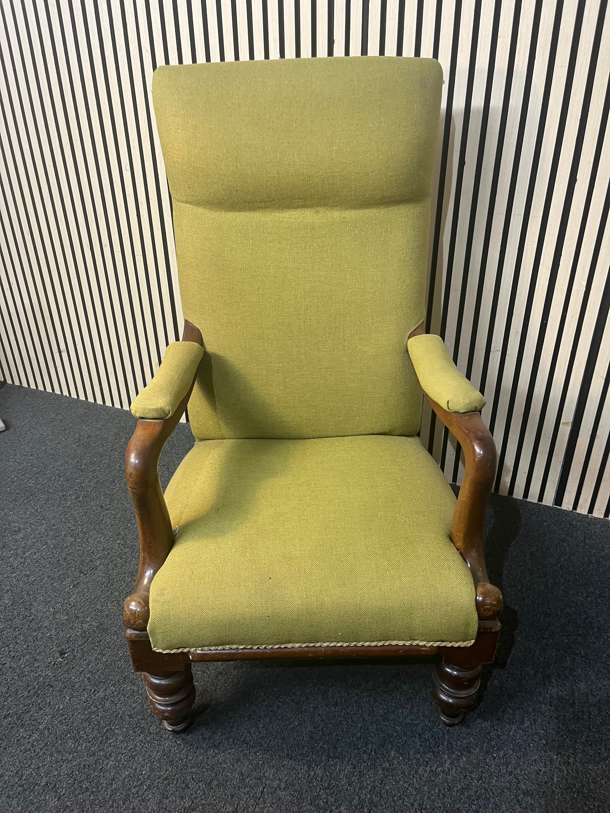 Mid-century style armchair with olive fabric and dark wood frame. 44023