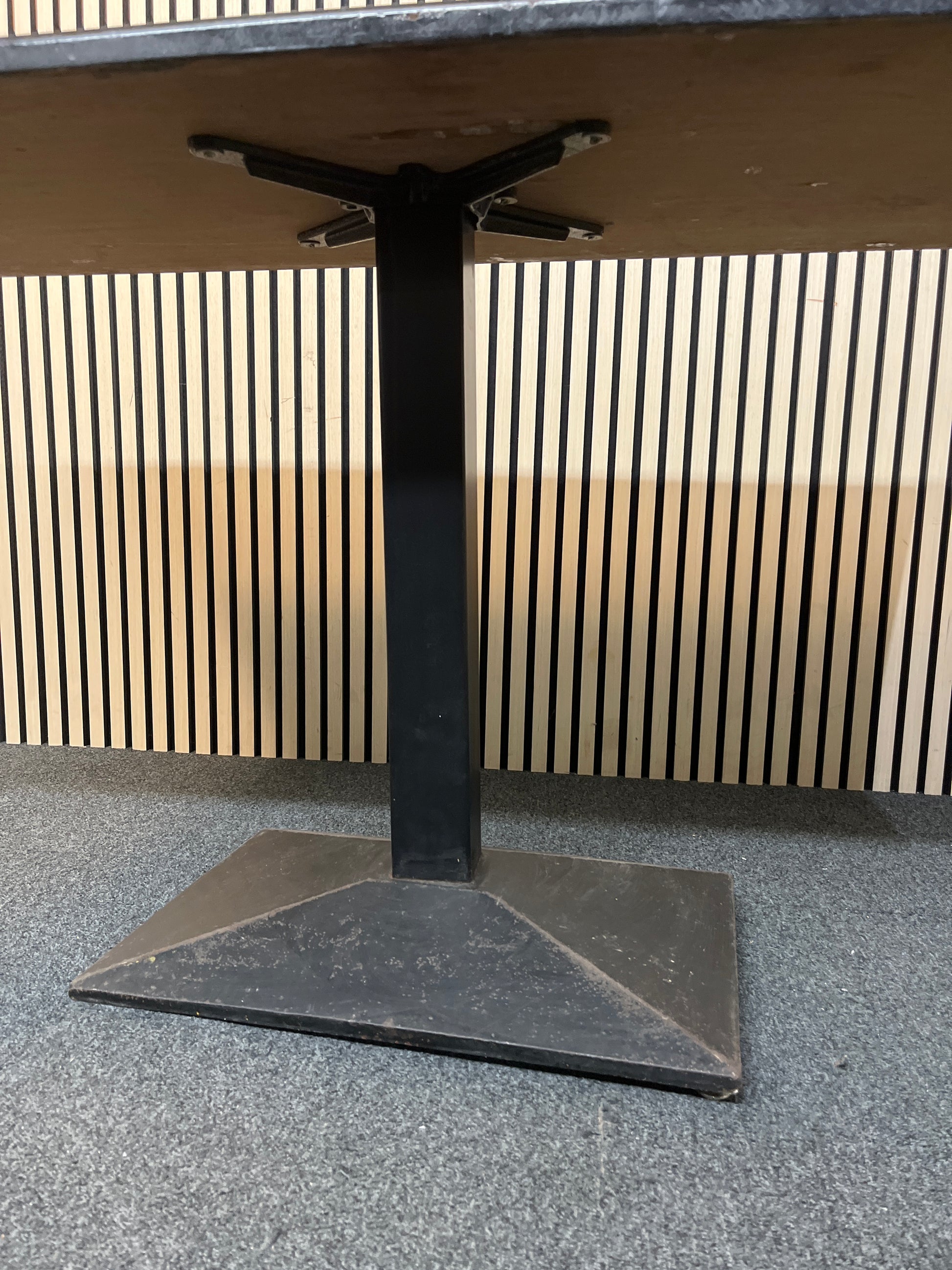 Rectangular low dark wood stained bar tables with powder coated black metal central column base 77Hx138Wx61D 1425