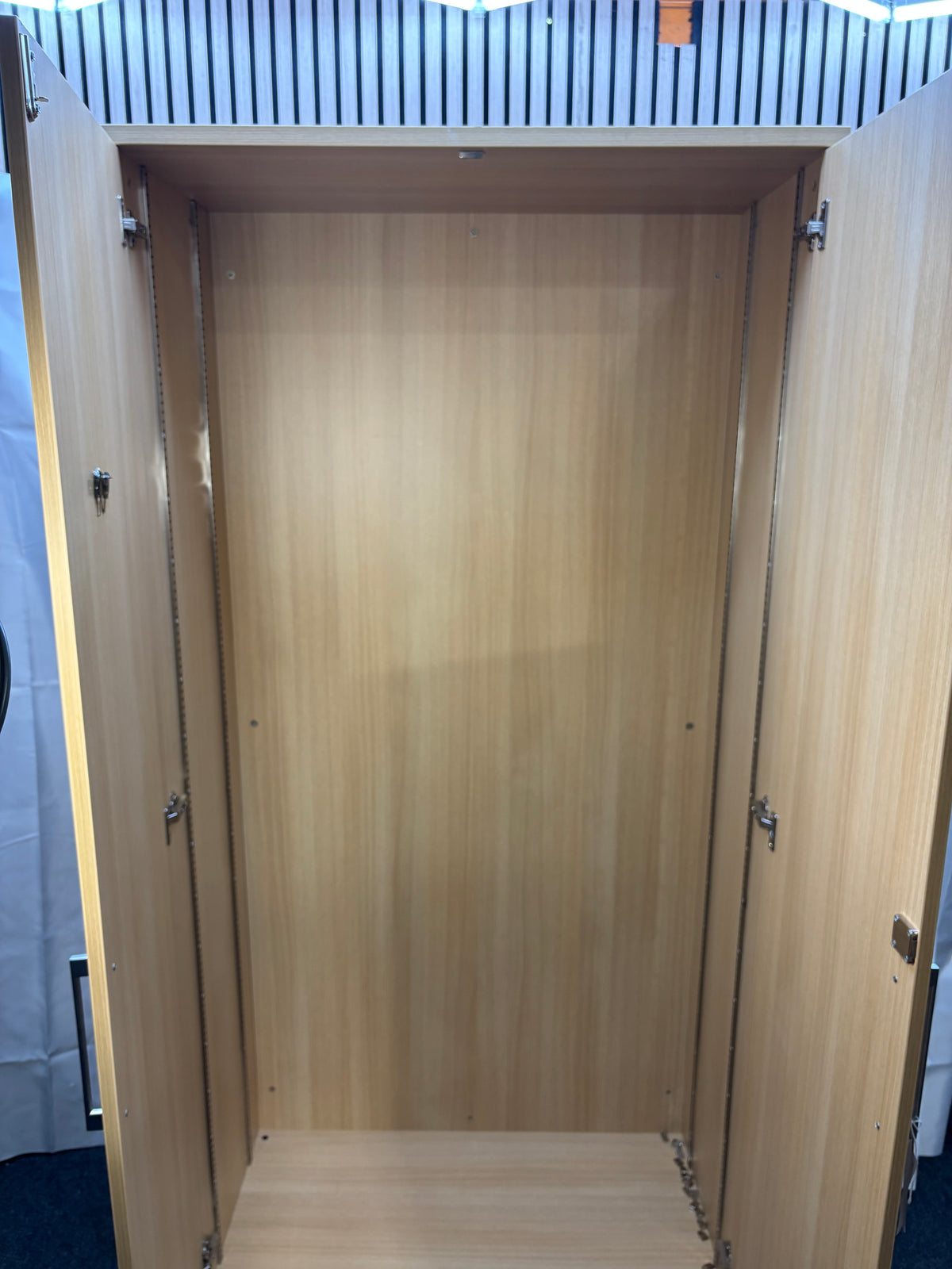 Tall 2 door storage unit with internal shelves in white oak laminate 200Hx100Wx50D  J3914