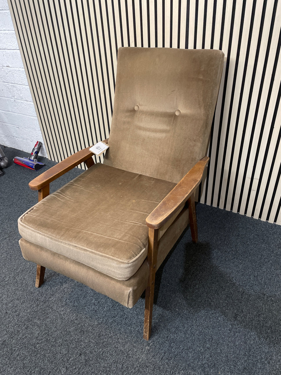 High back solid wood frame, brown fabric Fireside Armchair 1126