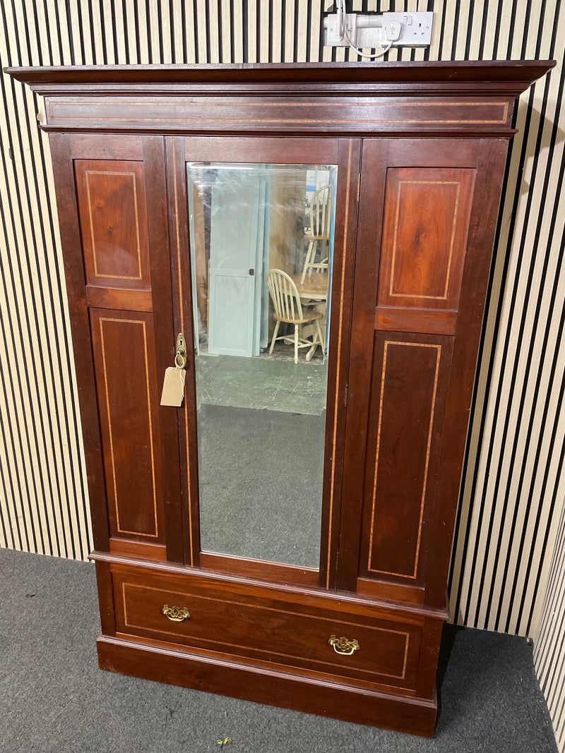 Large mahogany wardrobe with central mirror and lower storage drawer (H 203 x W 130 x D 53 cm)  44565