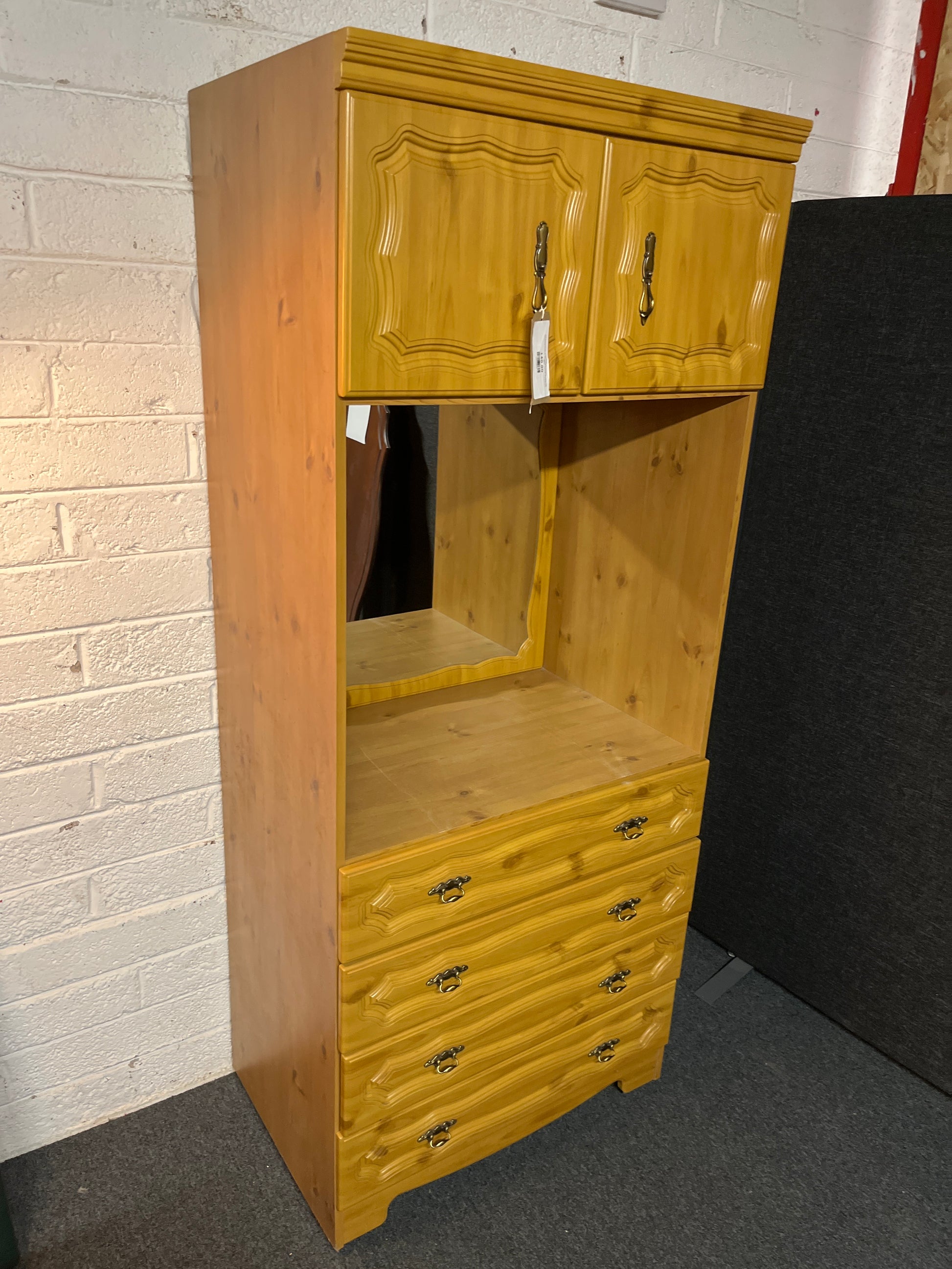Tall pine laminate ornate 4 drawer dressing table with mirror and overhead storage (H 180 x W 78 x D 54 cm) 2225