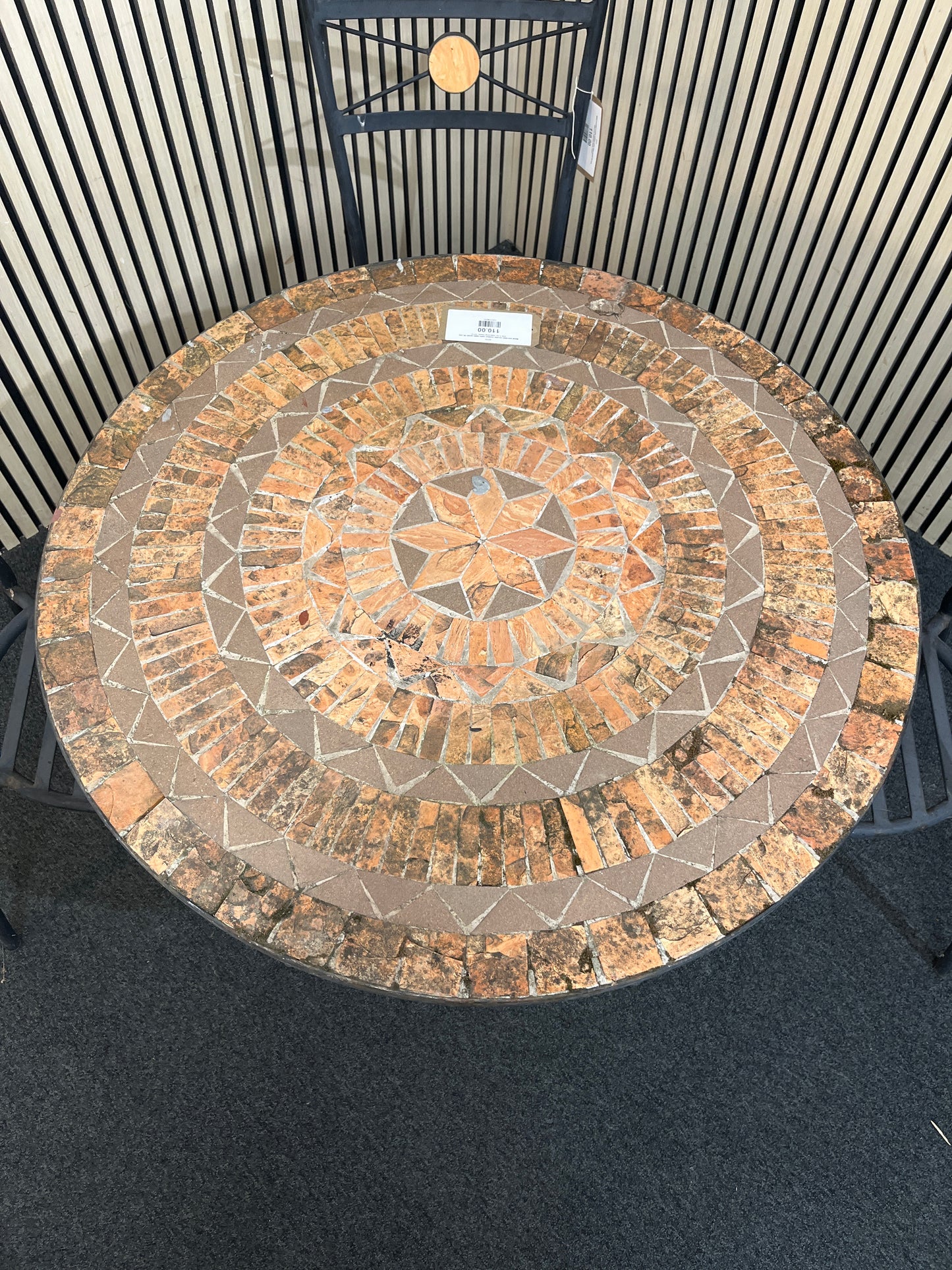 Metal and tiled circular outdoor patio table (width 90 cm) with 3 no. matching chairs  43731