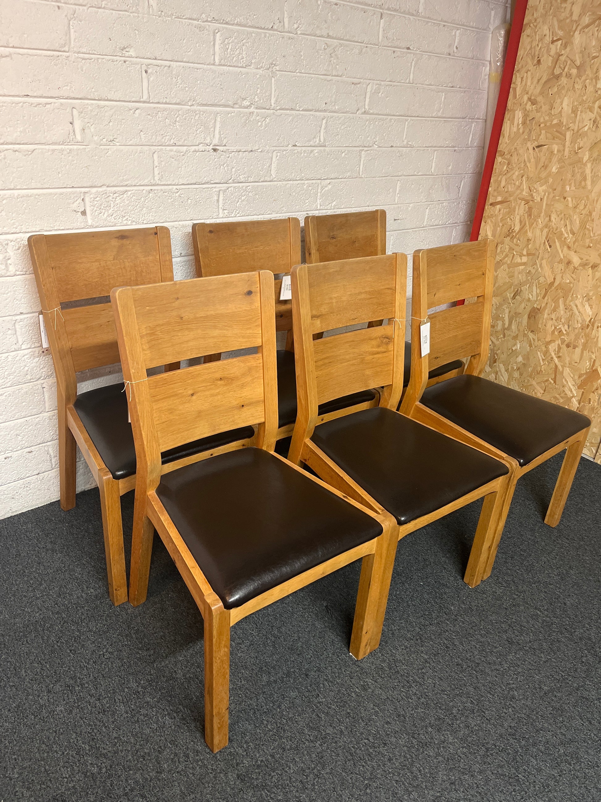 Solid oak high back kitchen chair with dark brown leather seat- set of 6 chairs 1325