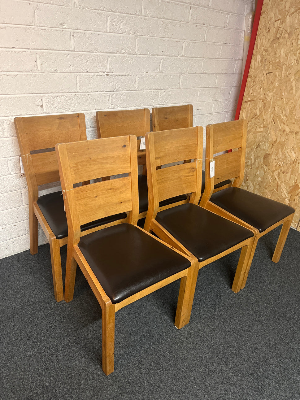 Solid oak high back kitchen chair with dark brown leather seat- set of 6 chairs 1325