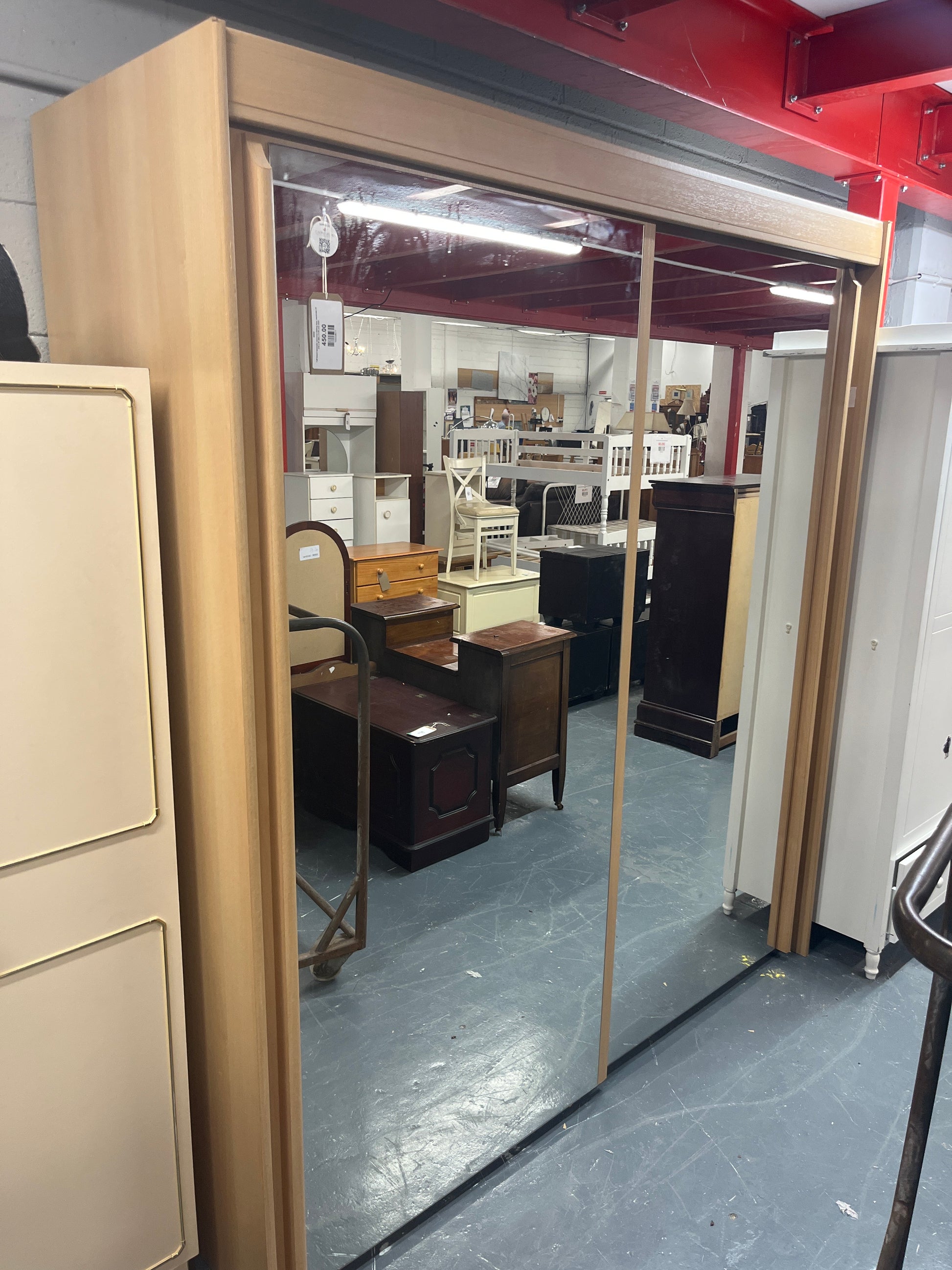Tall beech laminate mirrored sliding door wardrobe (H 216 x W 200 x D 65 cm) 3225