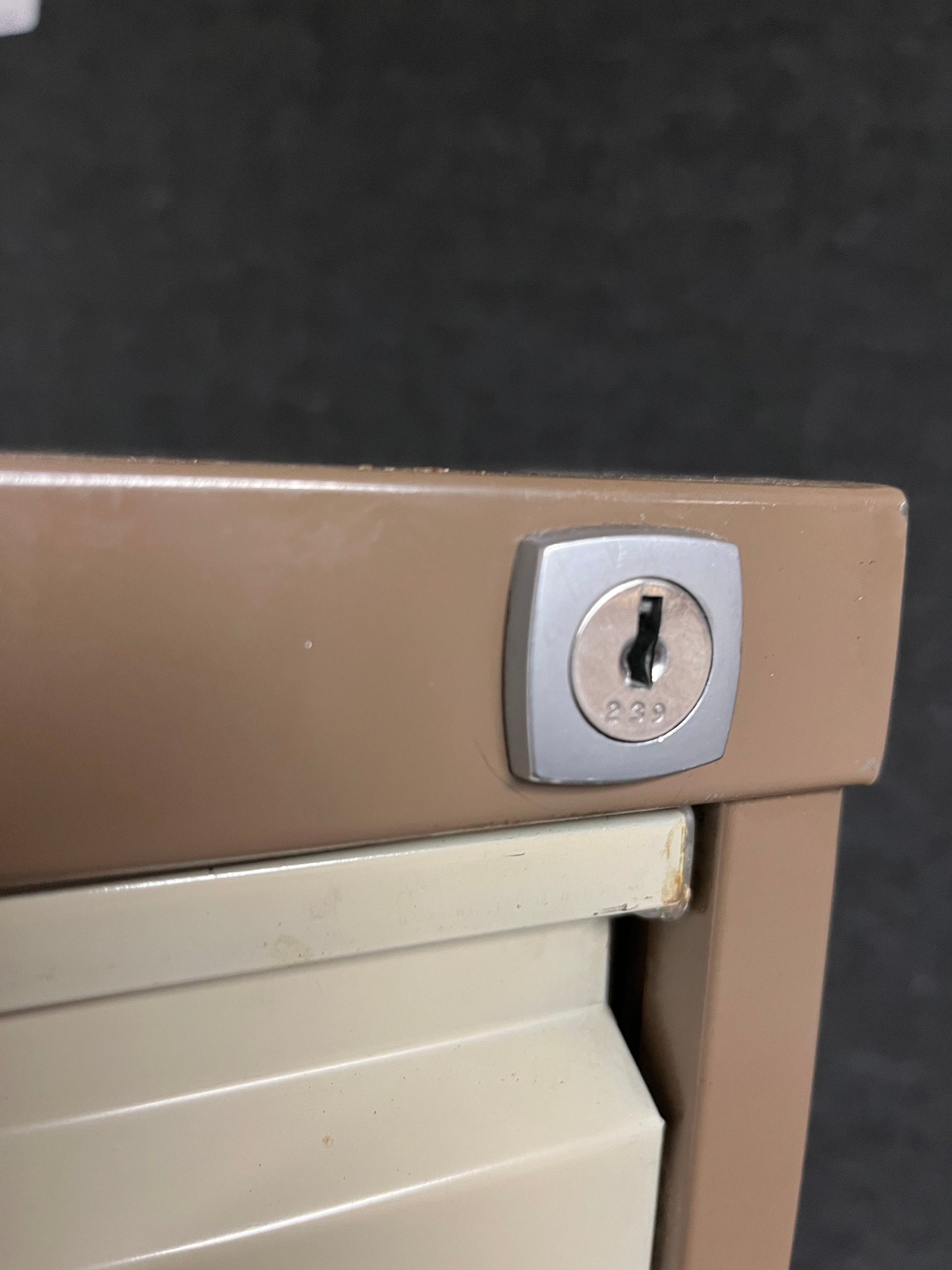 SECONDHAND Vickers Trimline coffee and cream 4 drawer filing cabinet