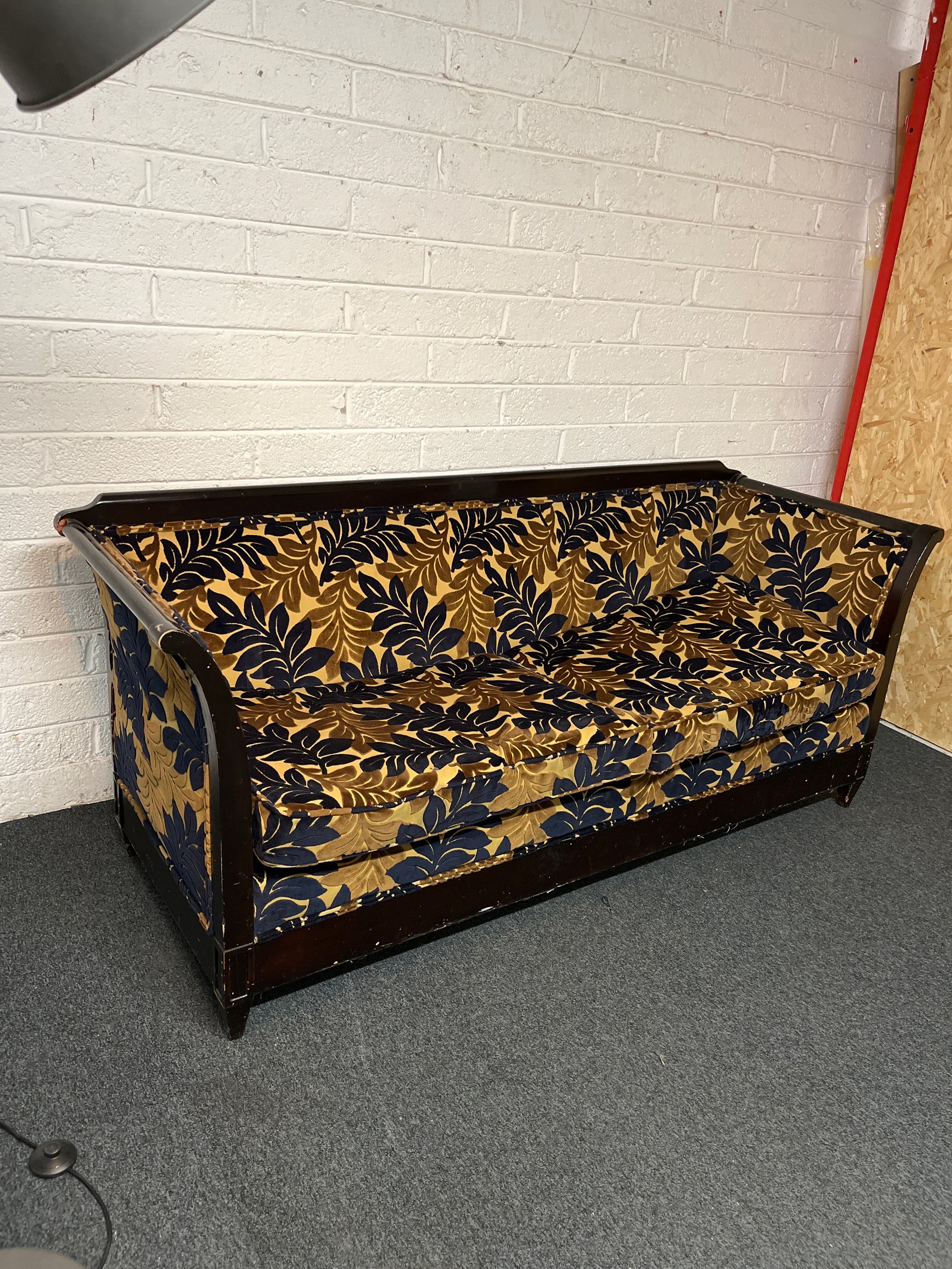 Ornate mahogany framed beige 2 seater sofa navy and brown floral fabric design  1325