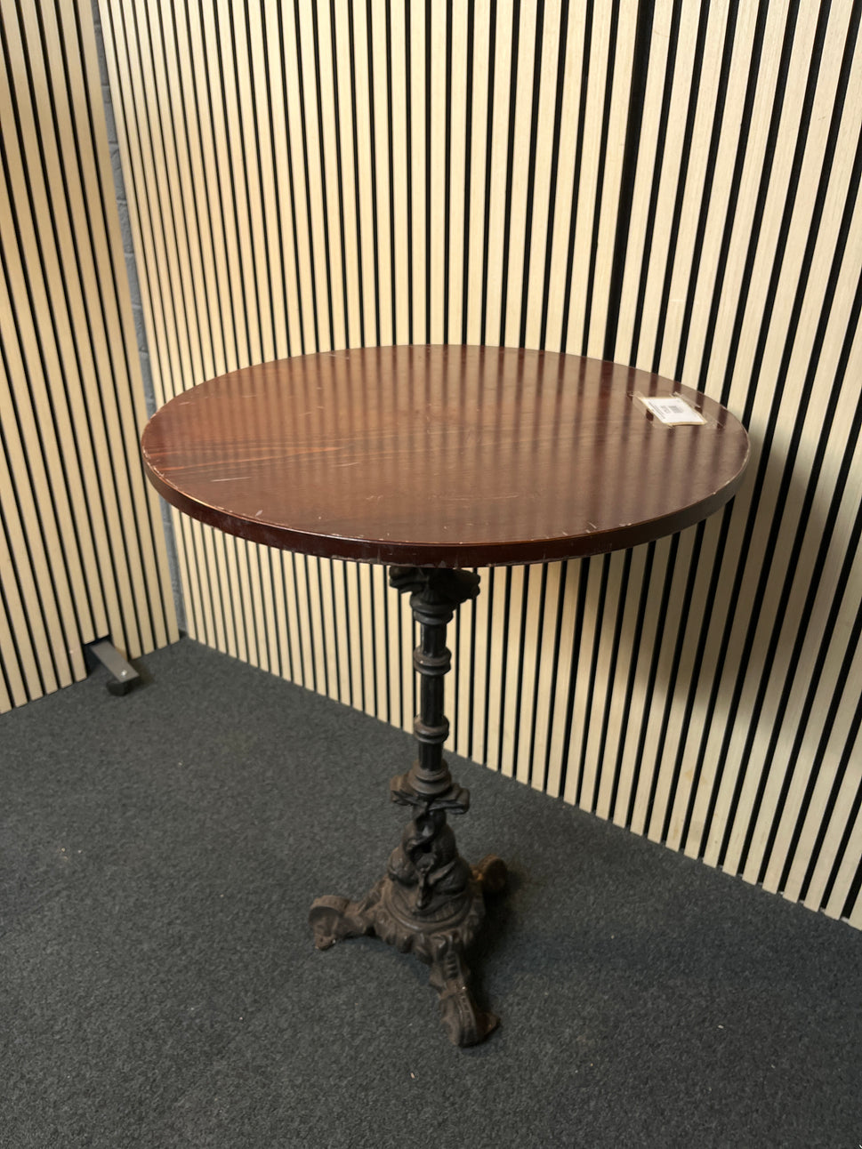 Tall ornate orignal cast iron 3 stem table base with wooden top 77Wx104H 1425