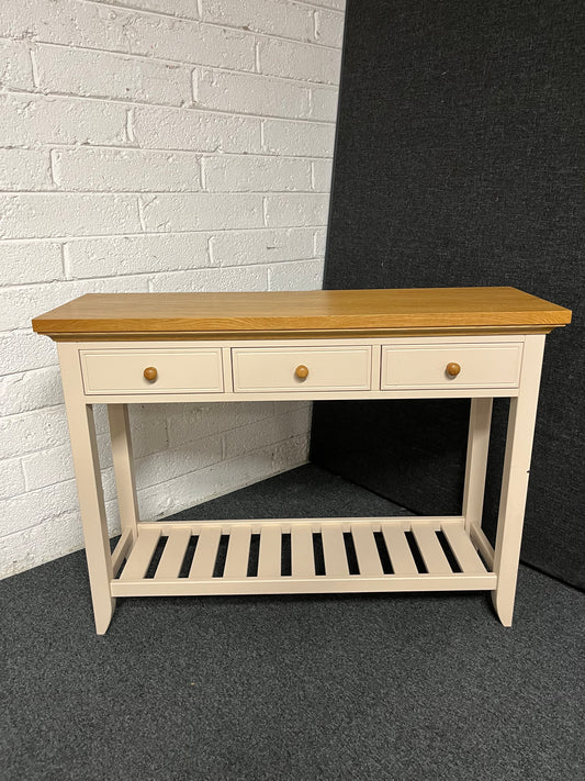 Solid oak top slim console table with cream painted frame, 3 drawers and shelf  1225
