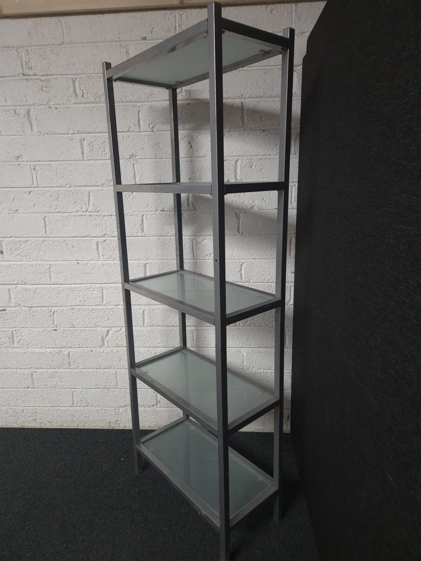 Tall silver metal and glass shelf tiered display unit (H 1700 x W 600 x D 300 mm) 1225