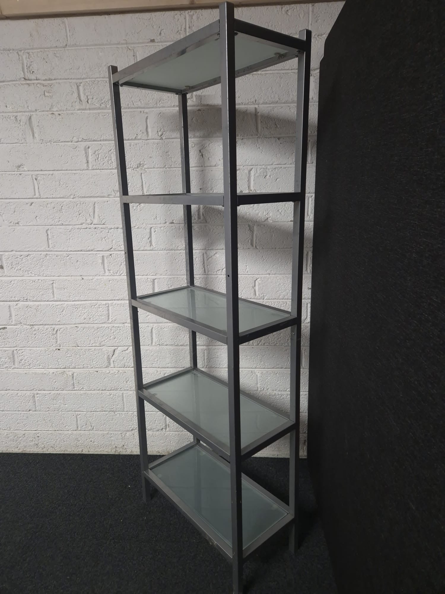 Tall silver metal and glass shelf tiered display unit (H 1700 x W 600 x D 300 mm) 1225