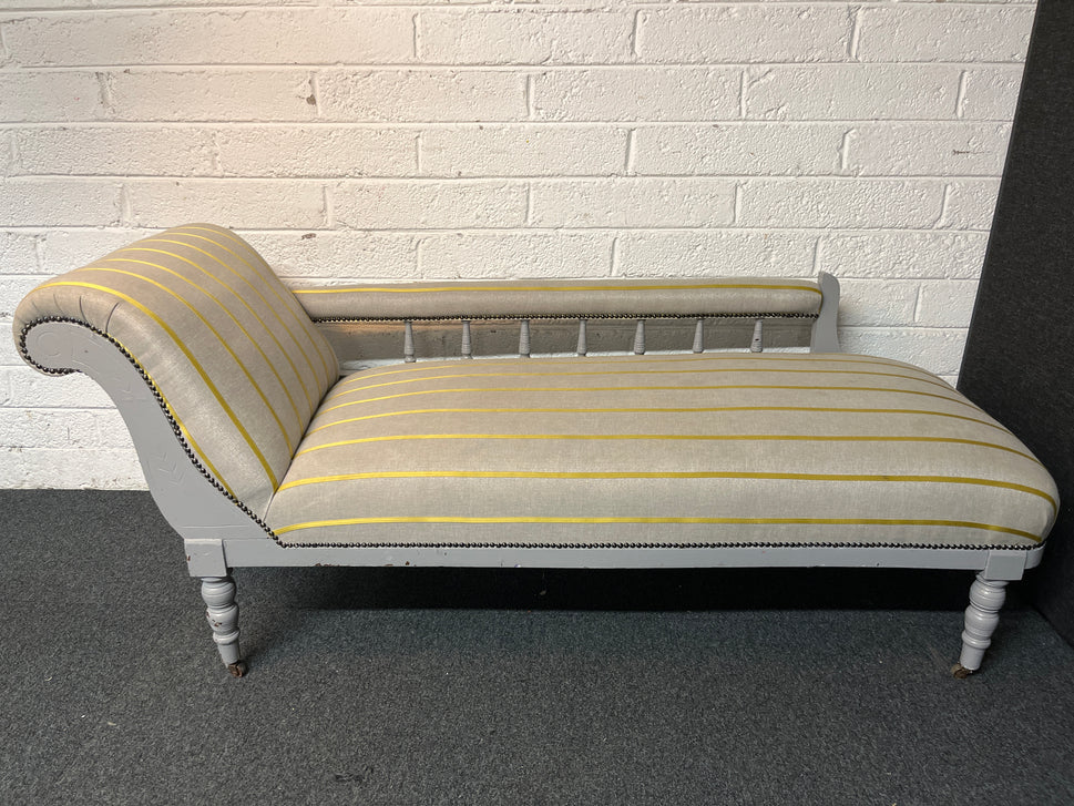 Grey and yellow striped fabric chaise lounge with grey painted wooden frame 3225