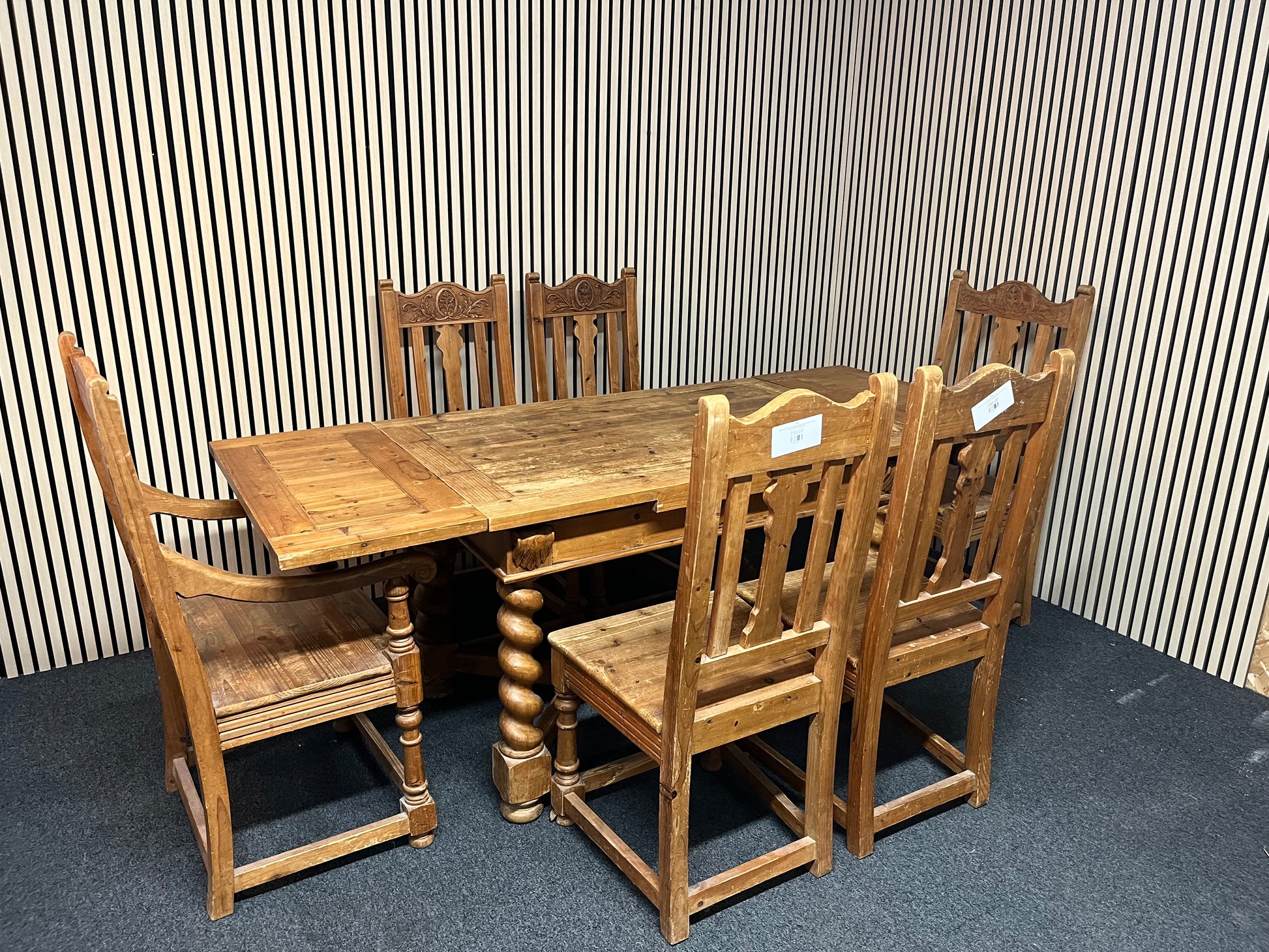 Mexican pine small 4ft kitchen table with 4 no. chairs and 2 no. carver armchairs 1325