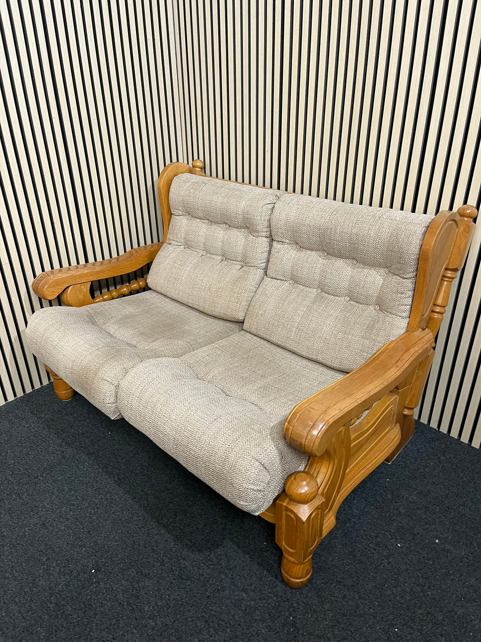 Solid Dutch Oak framed 2 seater sofa with light brown fabric cushions (Imported from South Africa) 2425