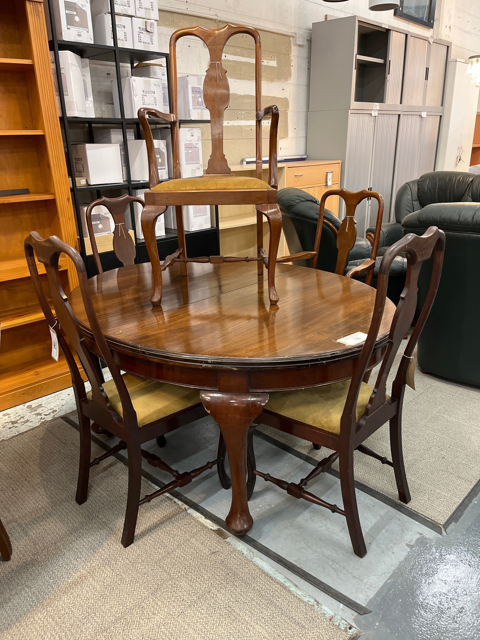 Antique mahogany extendable oval dining table with extension leaves(W 1500 - 2400 x L 1200 mm), 2 no. dining chairs and 2 no. carver armchairs matching 1225