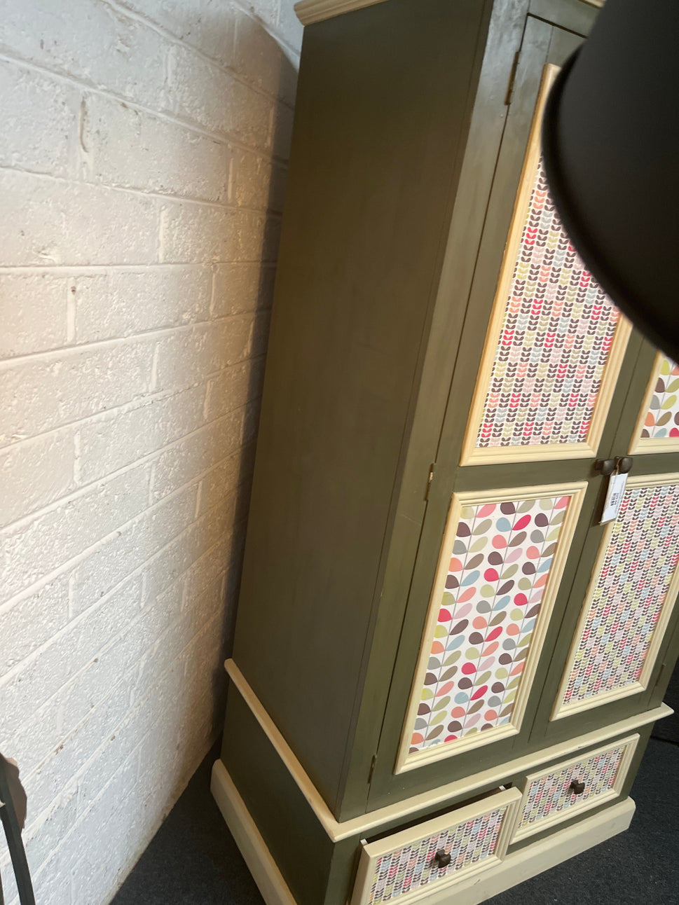 Tall solid pine painted Orla Kiely design wallpaper 2 door 2 drawer wardrobe (H 189 x W 106 x D 58 cm) 3225