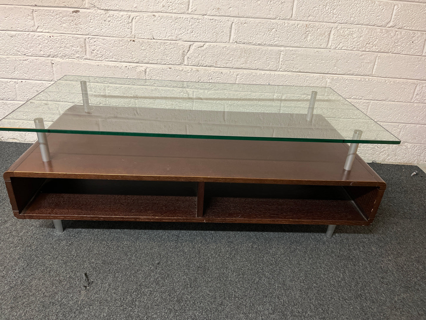 Modern dark wood laminate coffee table with glass top  1325