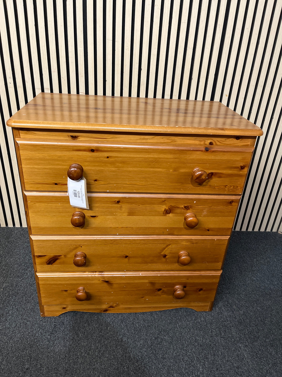 Solid pine chest with three drawers and round wooden knobs. (H 82 x W 75 x D 42 cm)  44279