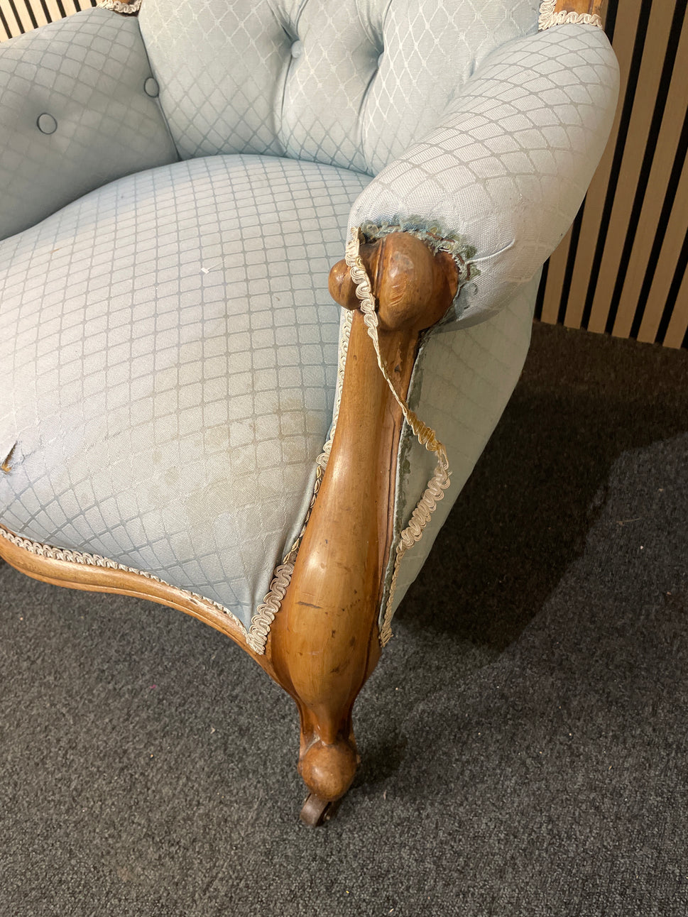 Antique ornate solid dark wood framed spoon back armchair on castors with pastel green fabric (upcycle project) 2425