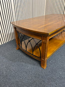 Switch Solid dark wood stained low rectangular coffee table with ornate black metal details 2425 2 image