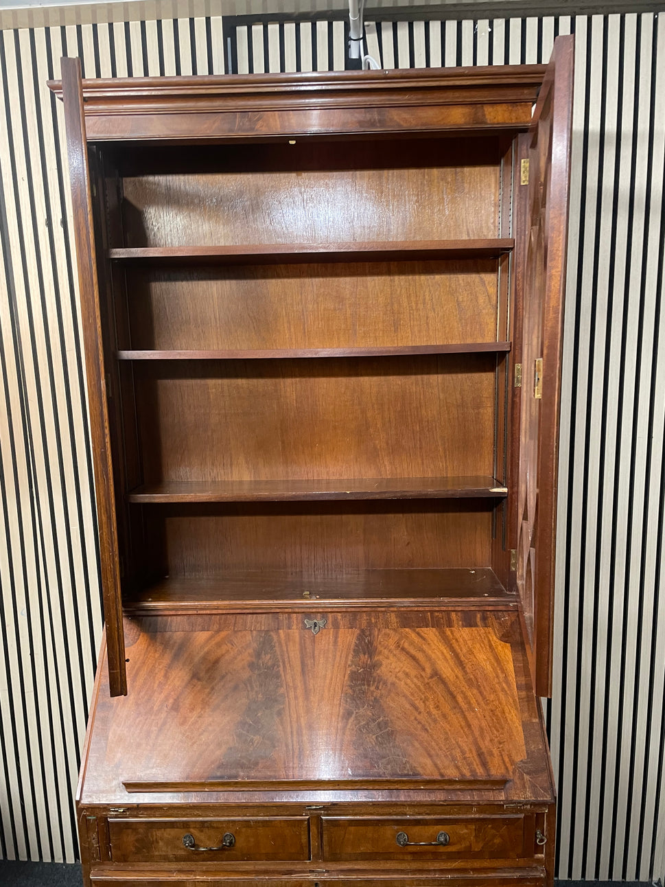 Ornate mahogany inlaid tall 2 glass door writing bureau with base drawers( H 214 x W 100 x D 43 cm) 2425