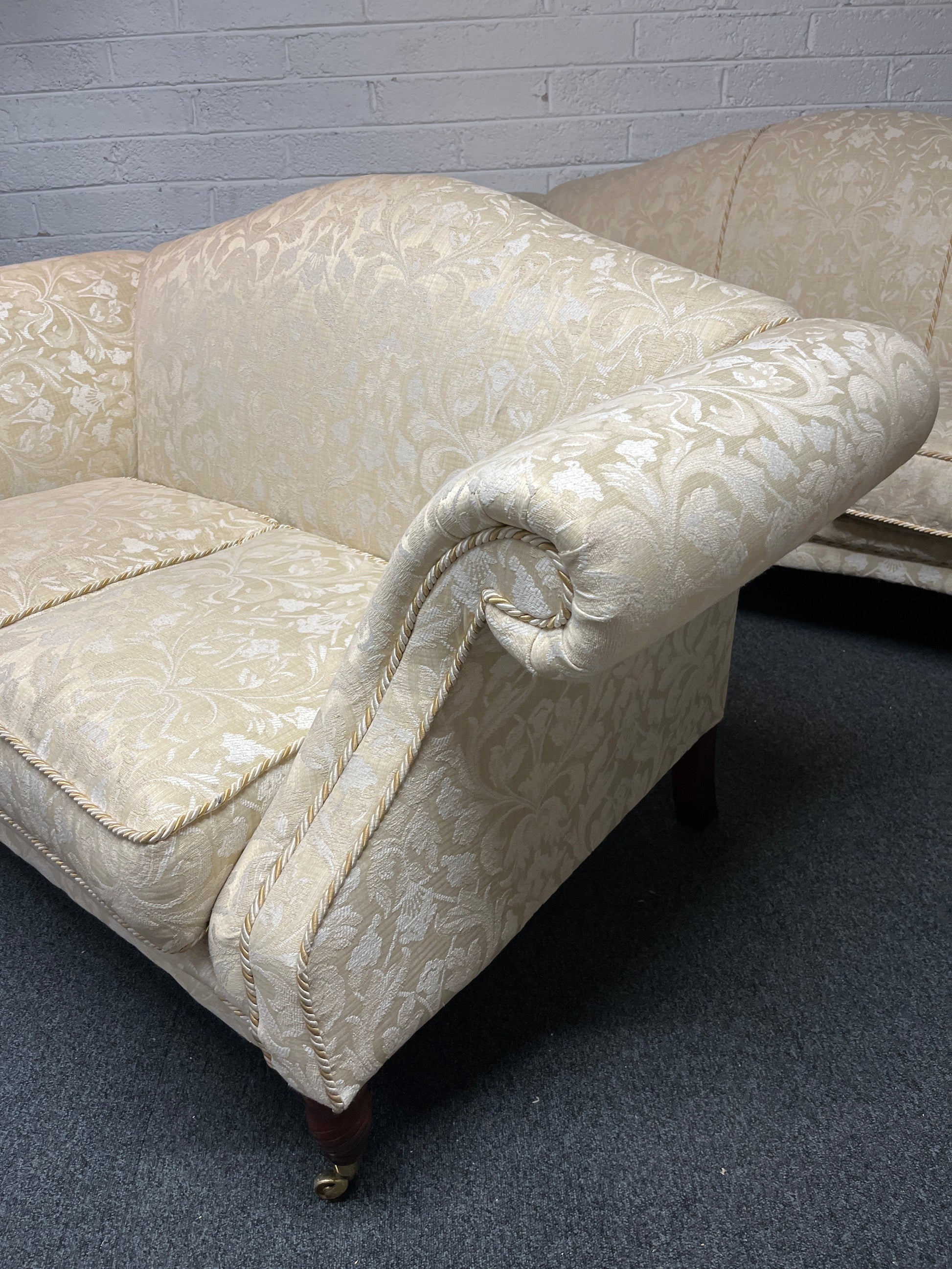 3+2+1 wing back cream mix fabric suite, solid wood frame, brass castors. CAN BE SOLD INDIVIDUALLY IF REQUIRED 2225